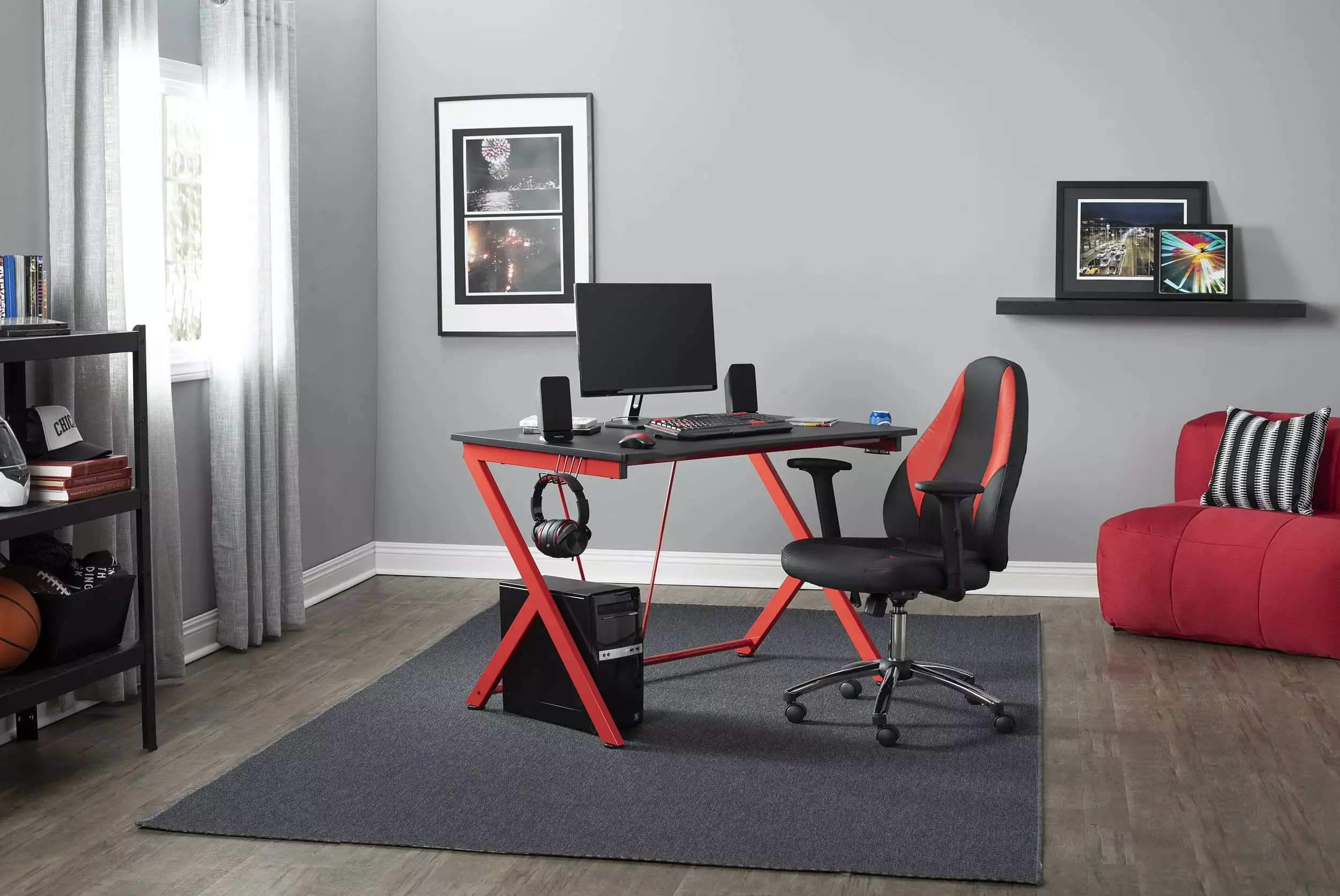 Quest PC Gaming Desk Charging Station Cup and Headphone Holder Computer Table Studio Designs