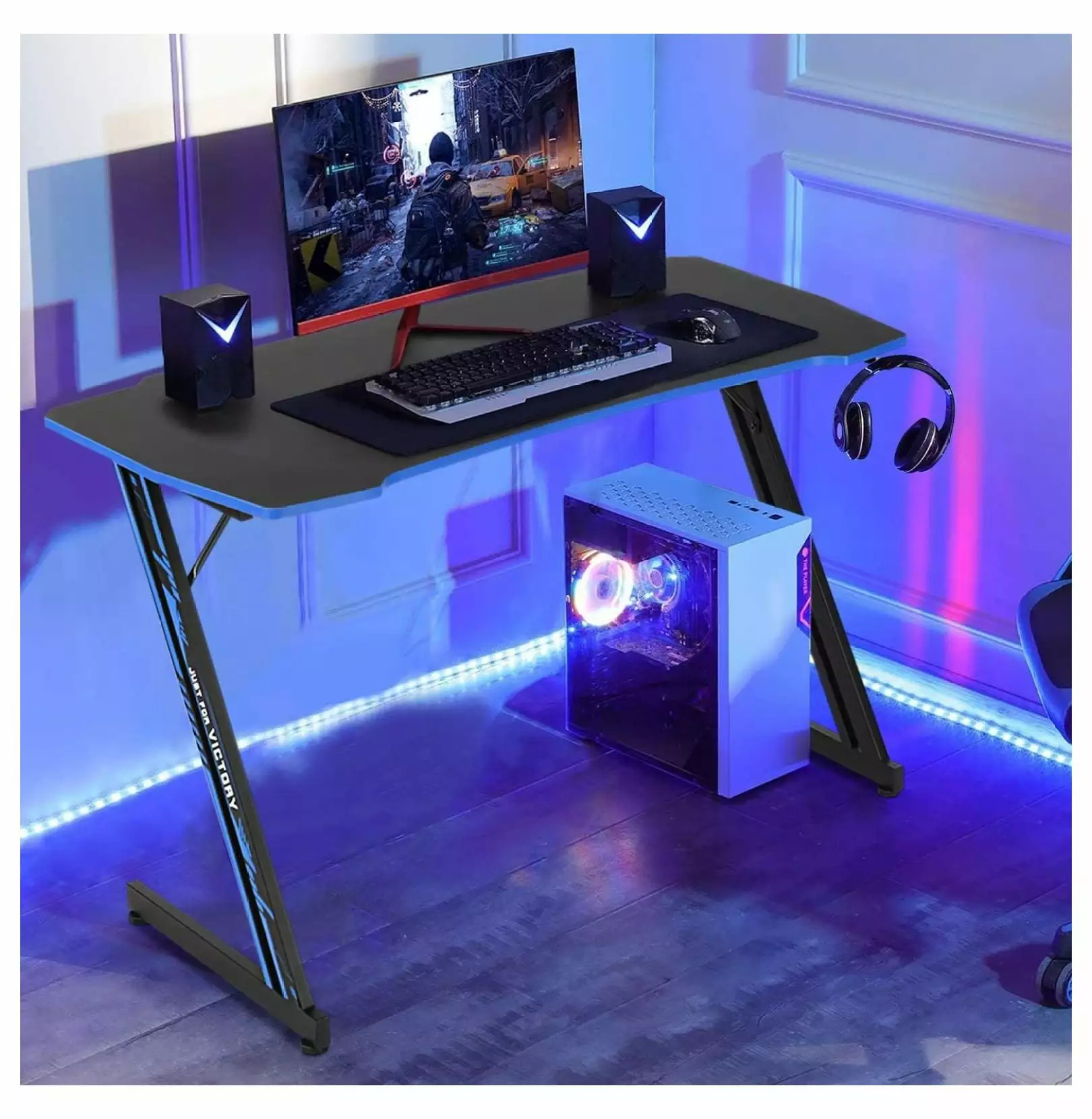 Superwum Gaming Desk 47 Inch Z-Shaped Ergonomic PC Computer Table Home Office Racing Workstation Blue