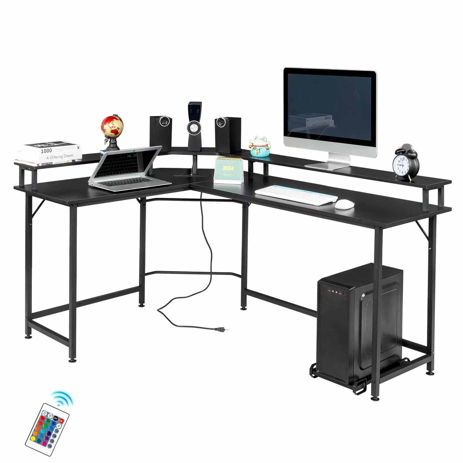 Tcbosik L-shaped Computer Desk RGB Lighting USB Ports Gaming Table Home Office Black