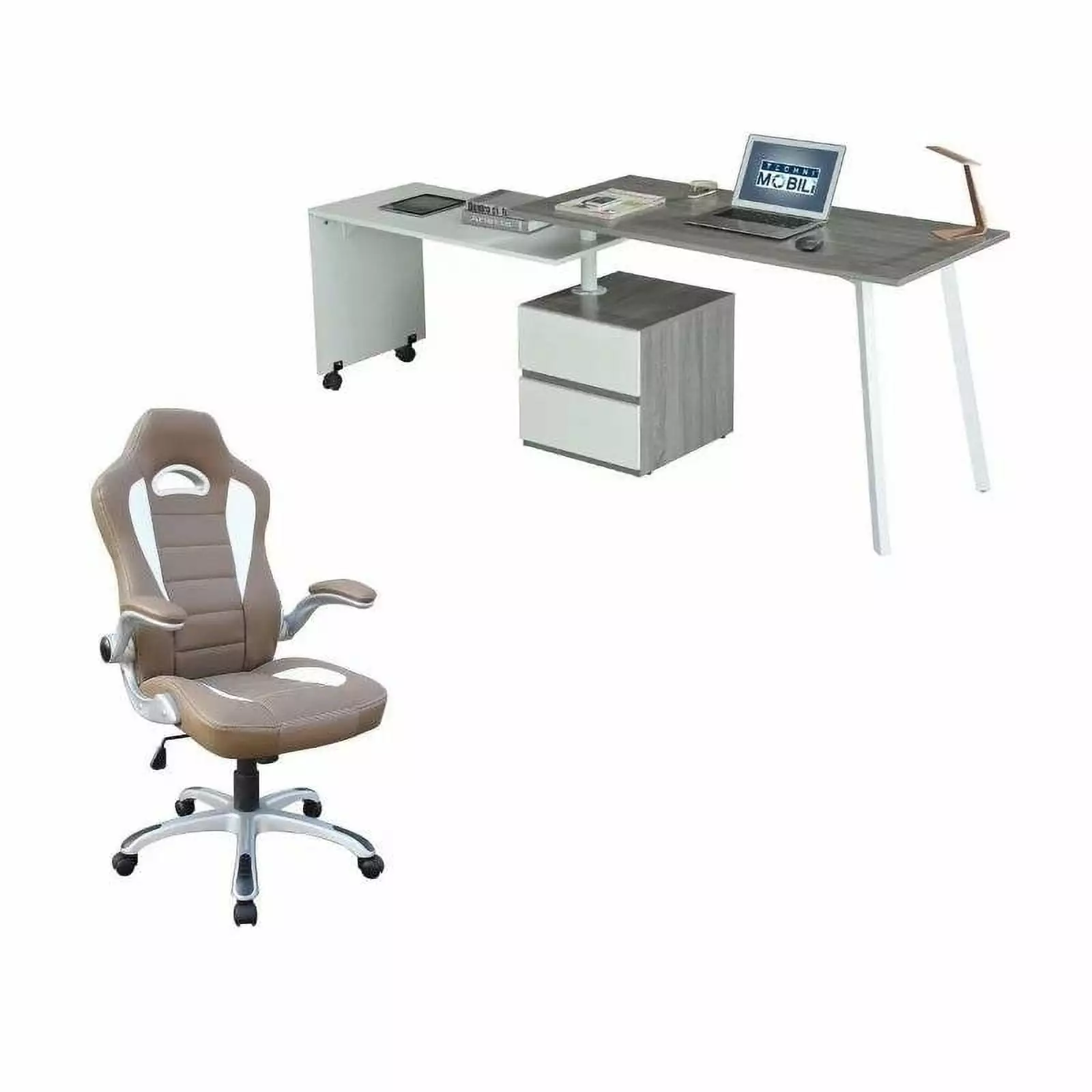 Set 2 Rotating Computer Desk Gray and Gaming Chair Camel - Complete Gaming Setup Techni Mobili