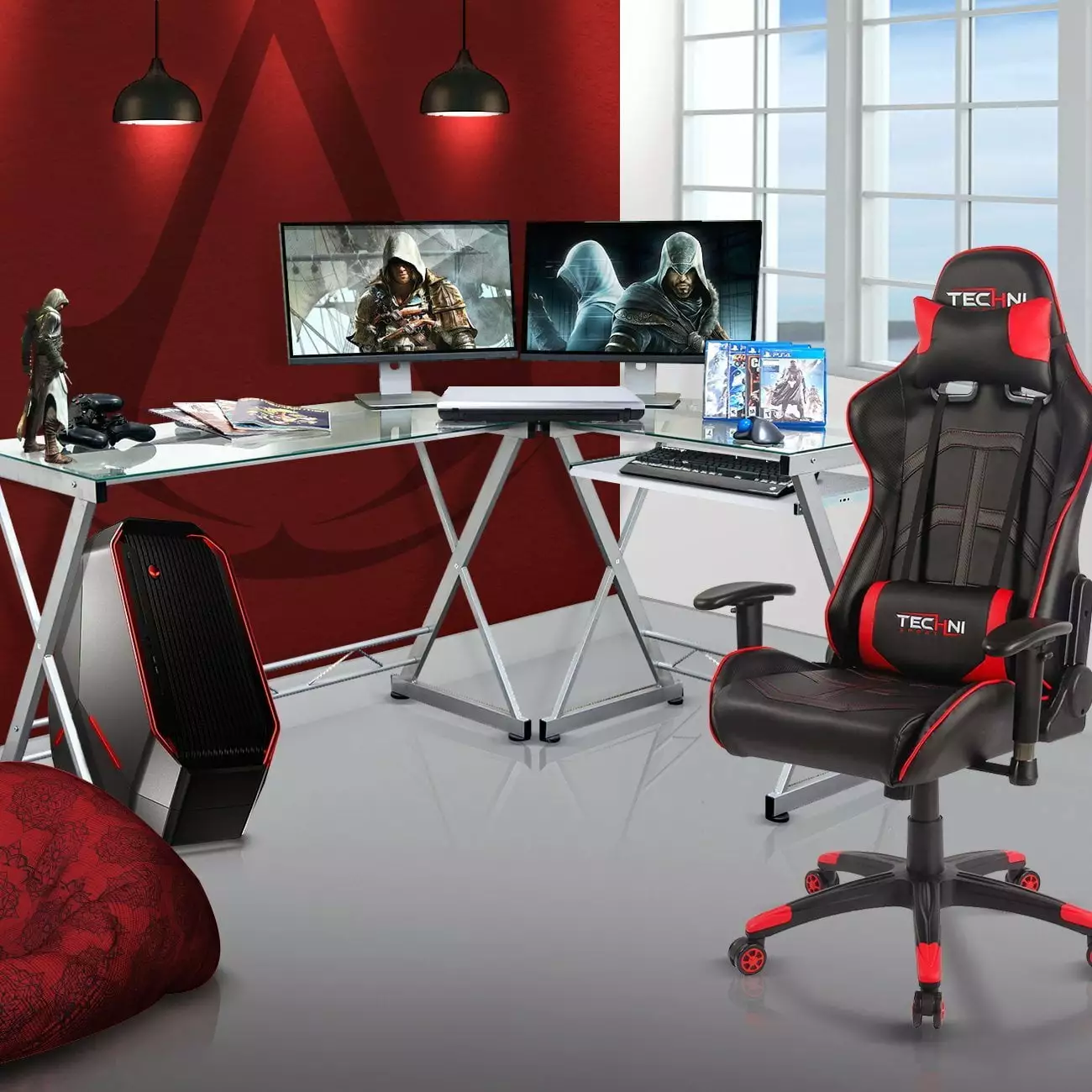 Techni Sport Gaming Desk Clear Glass Top Silver Modern Computer Desk Gamers