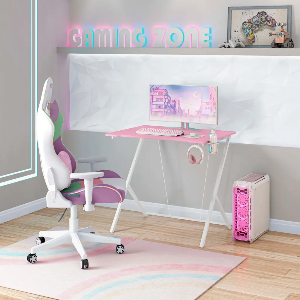 Techni Mobili Kids Gaming Desk Pink Modern Rectangular Office Desk technimobili