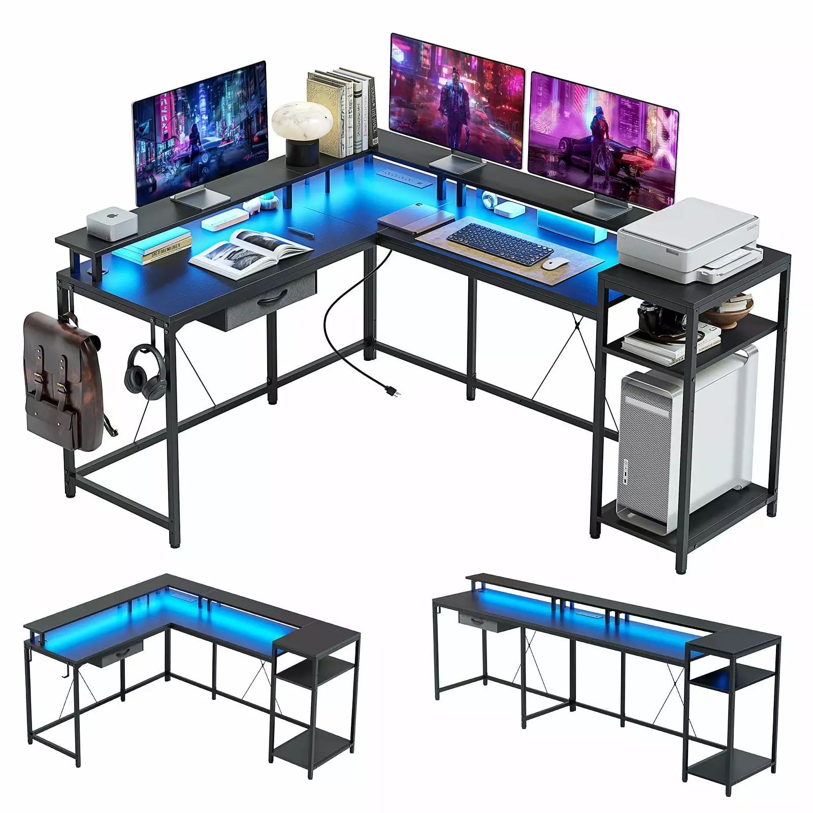 Towallmark Reversible 68 L Shaped Gaming Desk LED Light Strip Power Outlet Office Corner Computer Desk