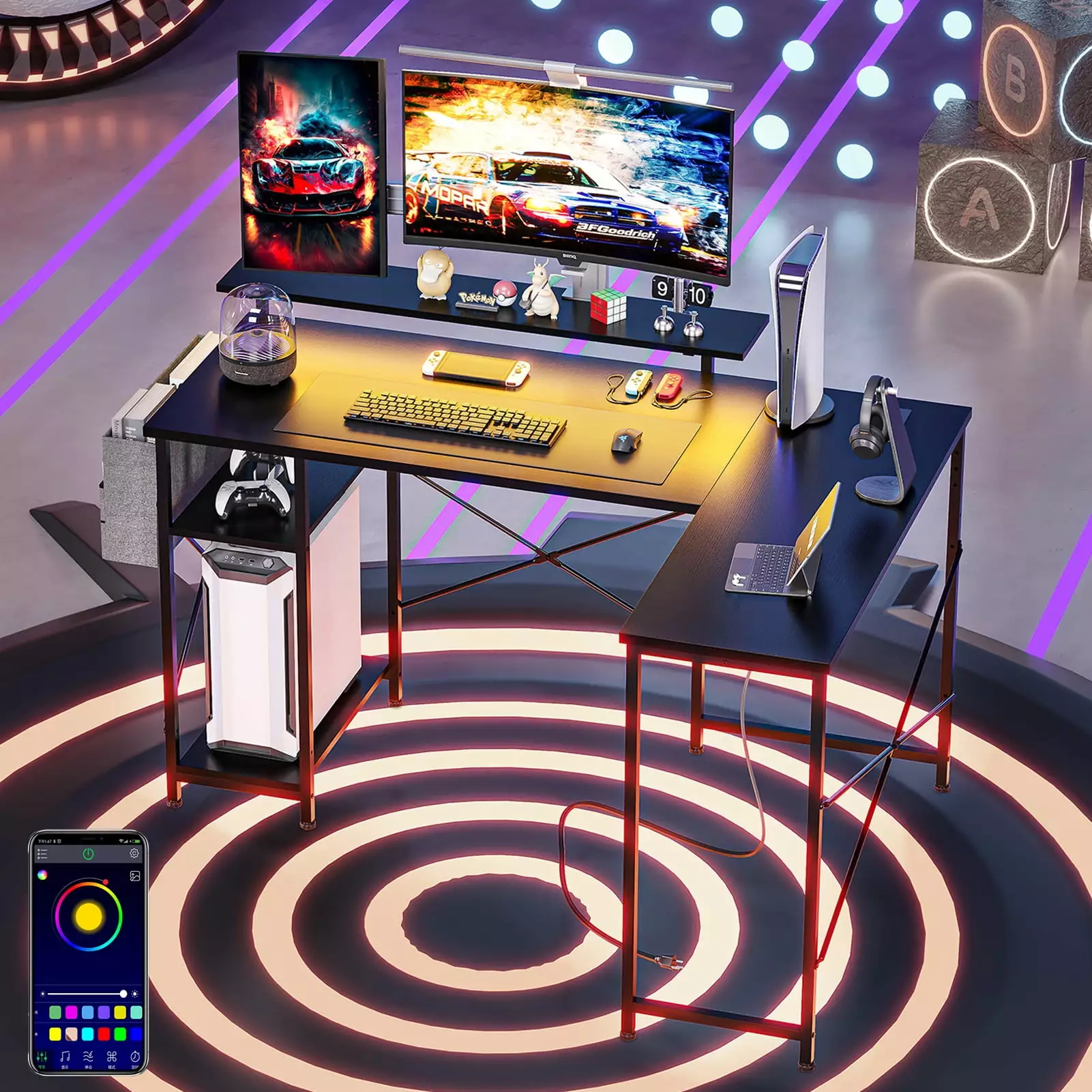Towallmark 54 L Shaped Gaming Desk LED Light and Power Outlet Black Corner Computer Desk