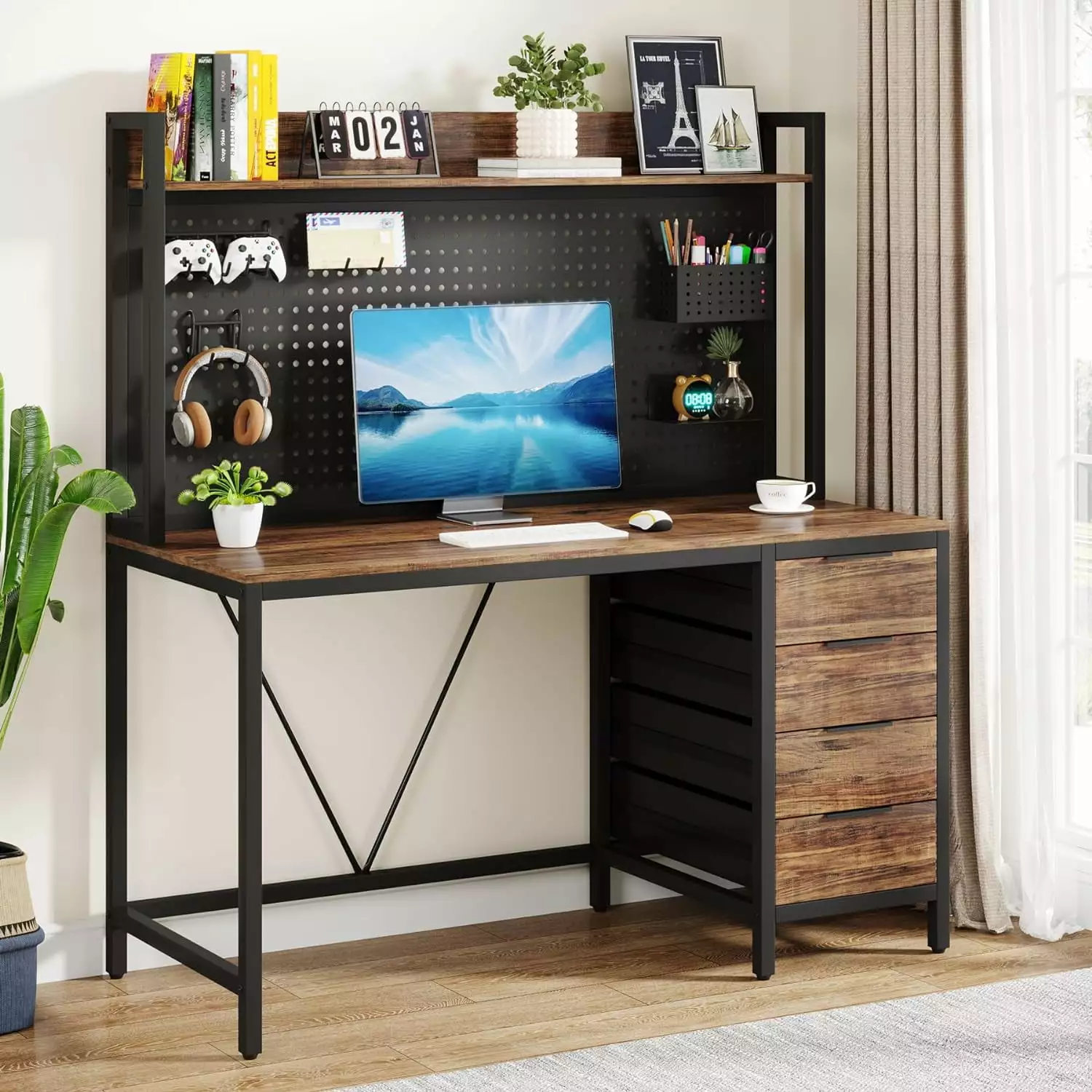 Tribesigns Computer Desk 4 Drawers 47 Inches Home Office Desk Hutch Industrial Gaming Desk PC Desk