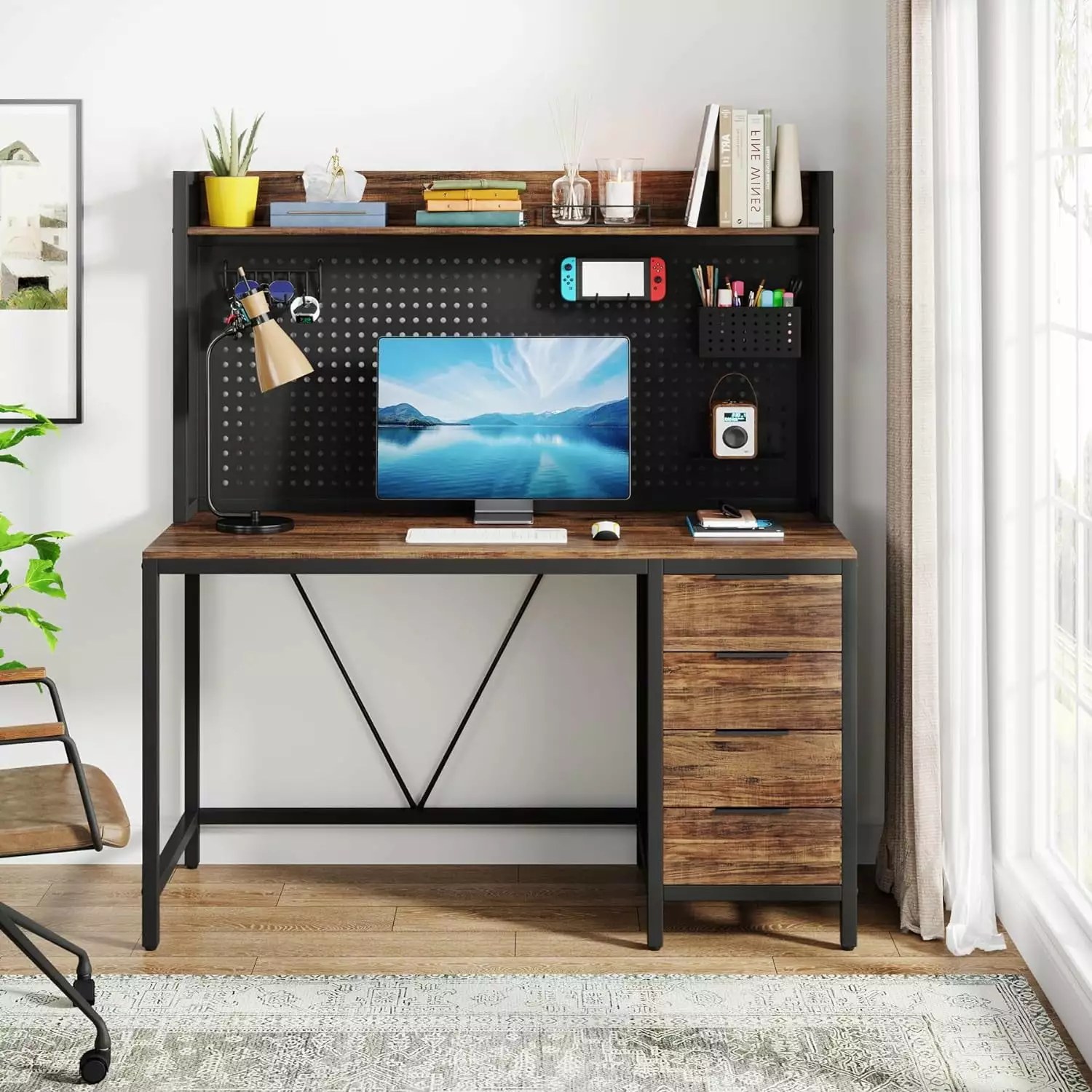 Tribesigns 47 Inches Computer Desk 4 Drawers and Pegboard Home Office Gaming