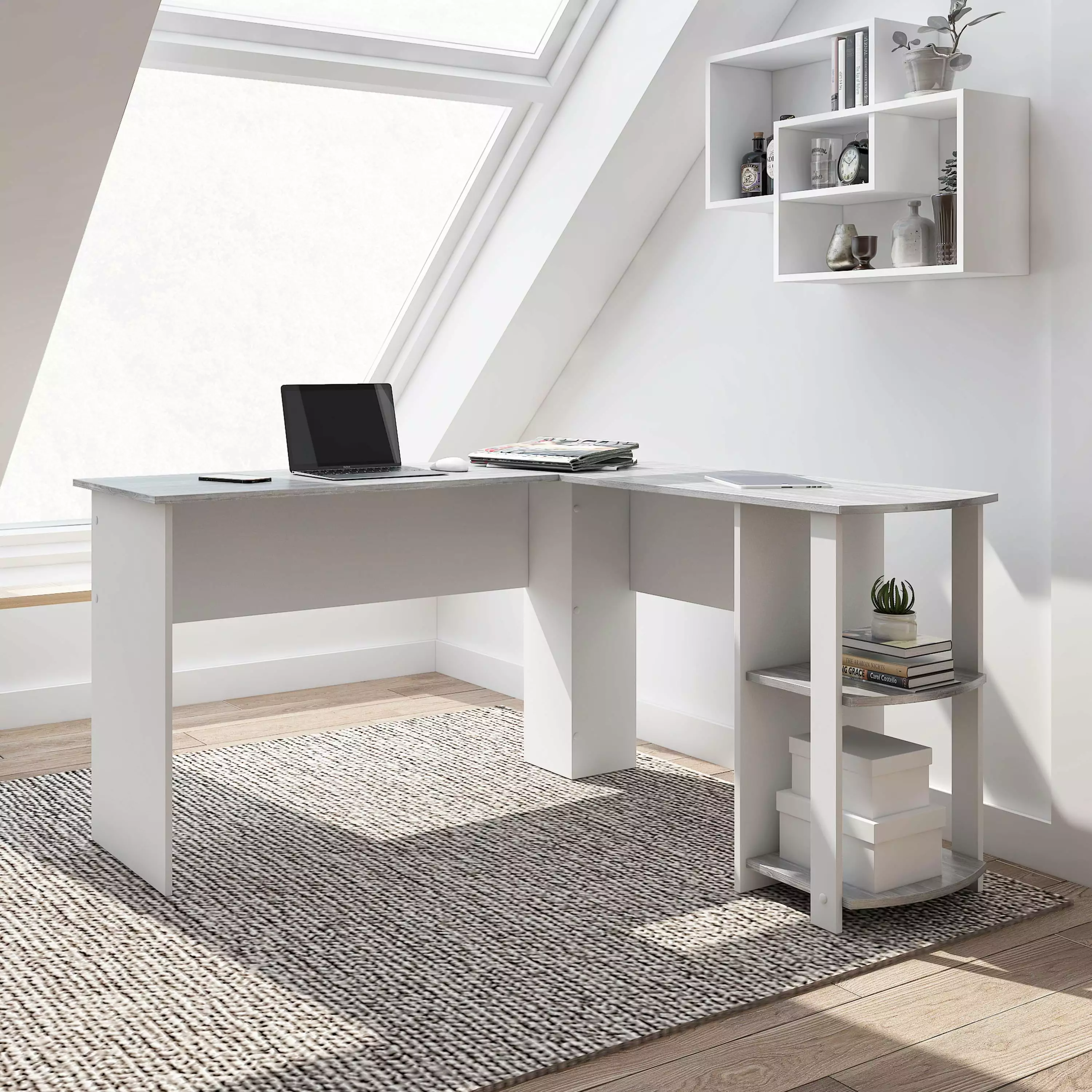 UBesGoo L-Shaped Gaming Desk Corner Desk Side Shelves Wood Study Desk Gray