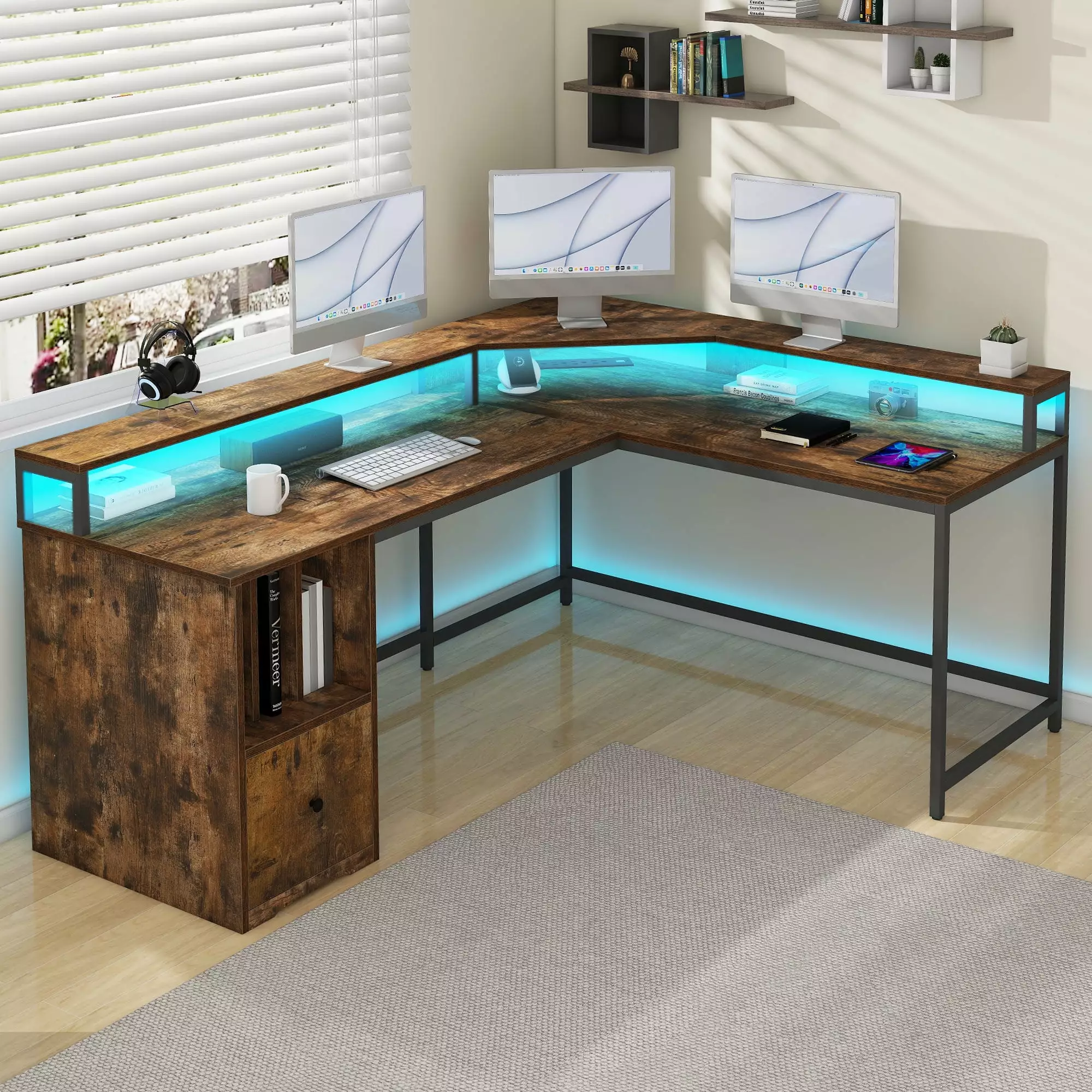 Uforic 67 Inch Rustic Brown L-Shaped Desk LED Light Power Outlets and Storage Shelves