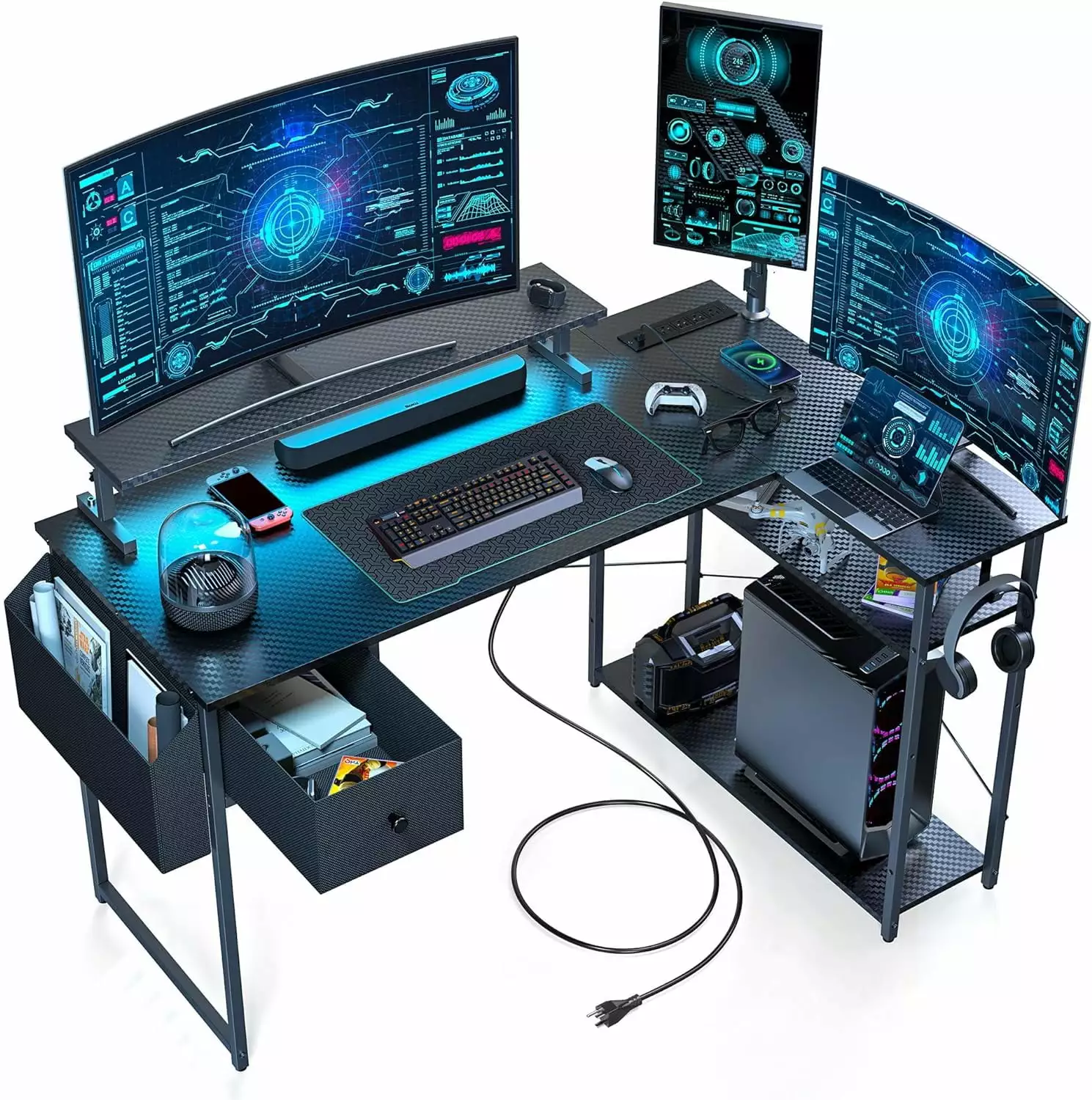 UPGO L Shaped Gaming Desk 47 inch LED Lights Adjustable Stand Power Outlets Black Carbon Fiber