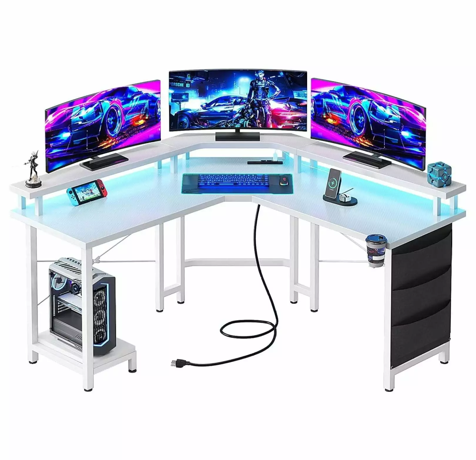 wangc123 L Shaped Gaming Desk LED Lights & Power Outlets. 51 Corner Computer Desk Full Size Monitor Stand. Storage Bag & C...