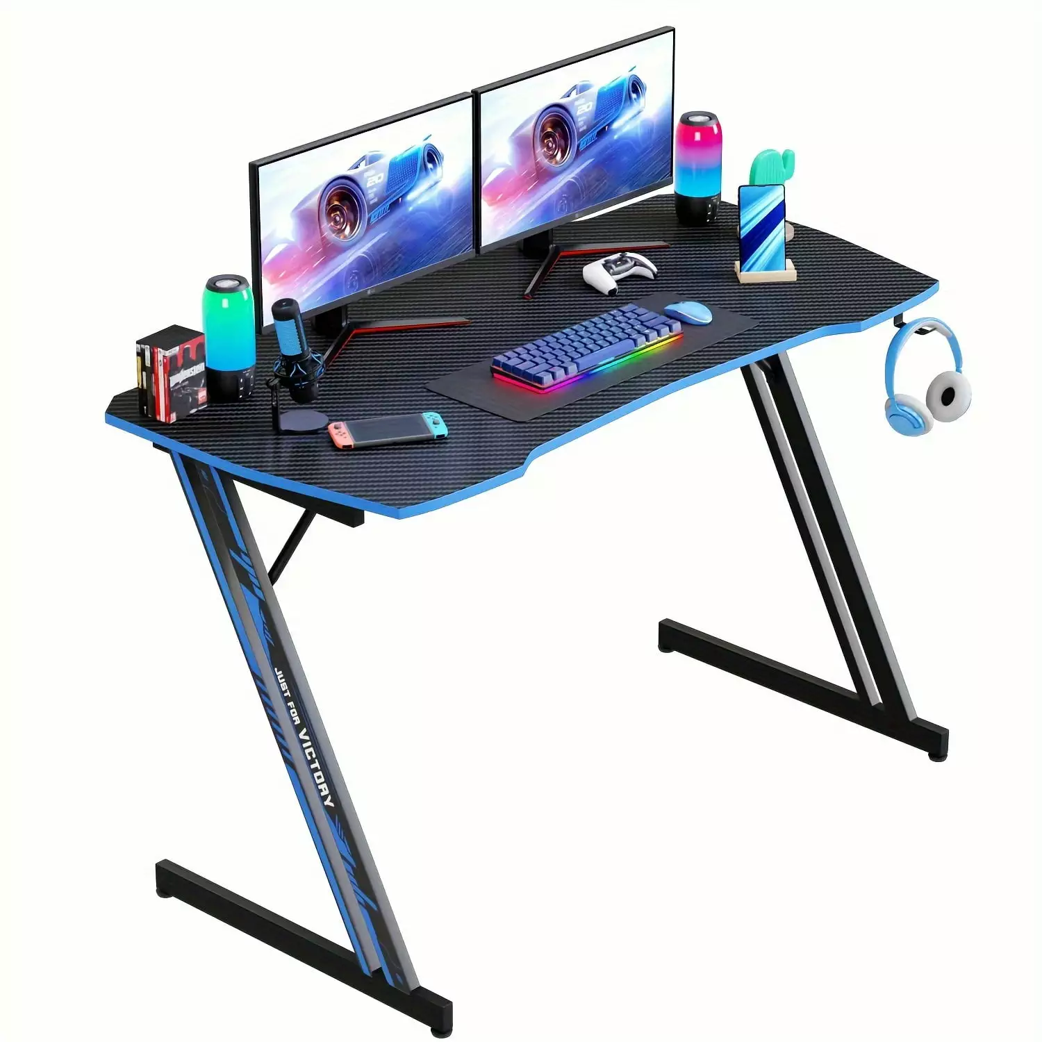 47 Blue Z Shaped Gaming Desk Large Ergonomic PC Computer Desk Headphone Hook Gamers WYGMAV
