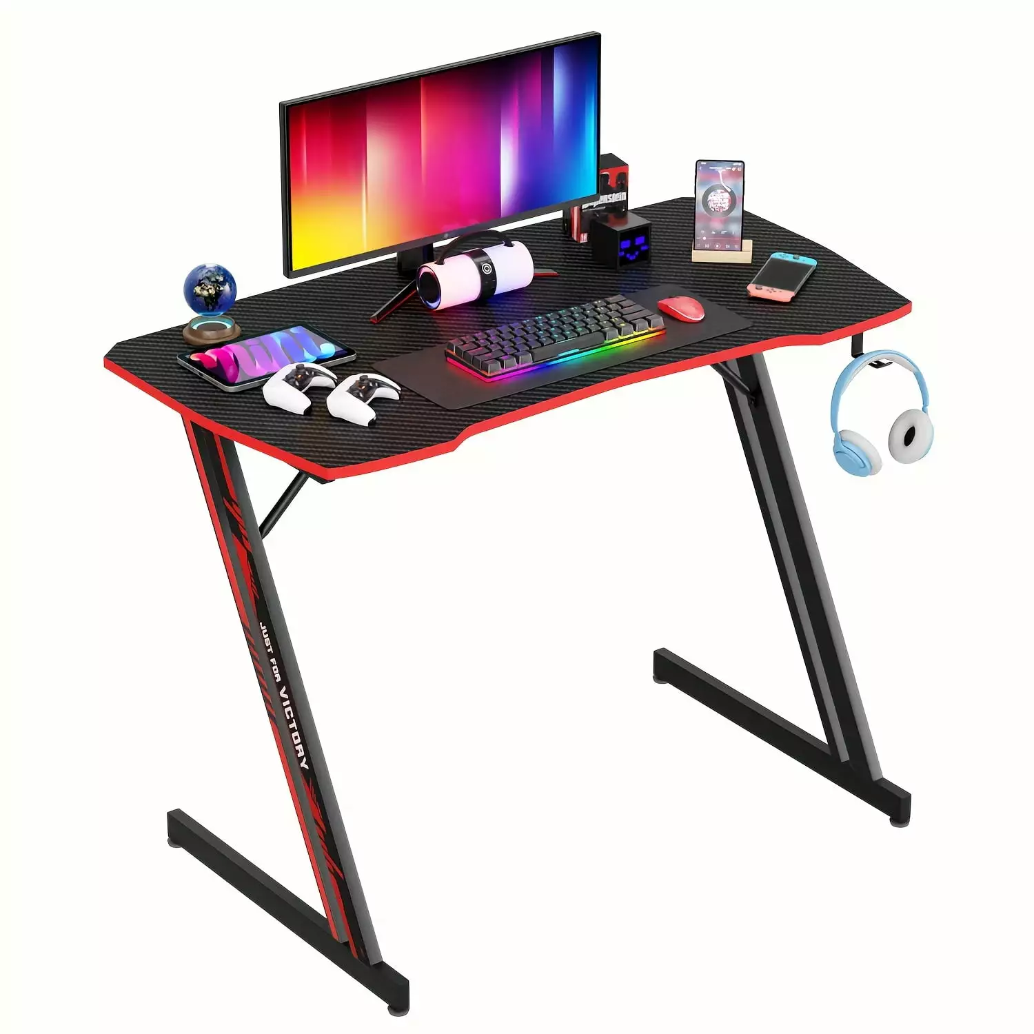47 Inch Z Shaped Gaming Desk Headphone Hook PC Computer Workstation Study Table Red WYGMAV