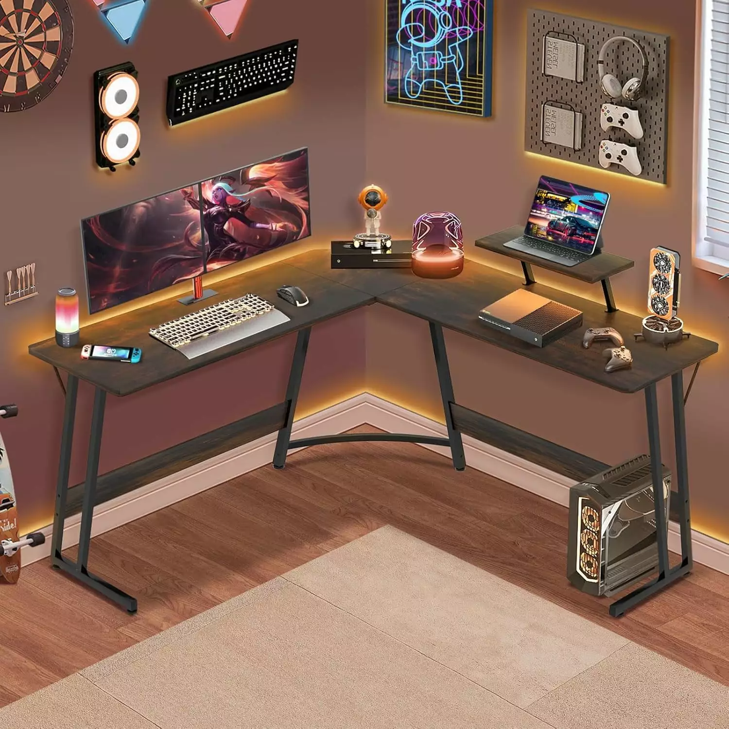 XF XINFENG 50 Inch Gaming Desk L Shape Corner Computer Desk Monitor Riser Stand Brown