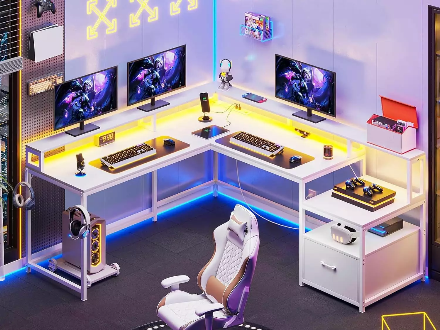 YIDUNLIFE L Shaped Gaming Desk Power Outlet LED Lights Storage Shelves White Corner Computer Desk