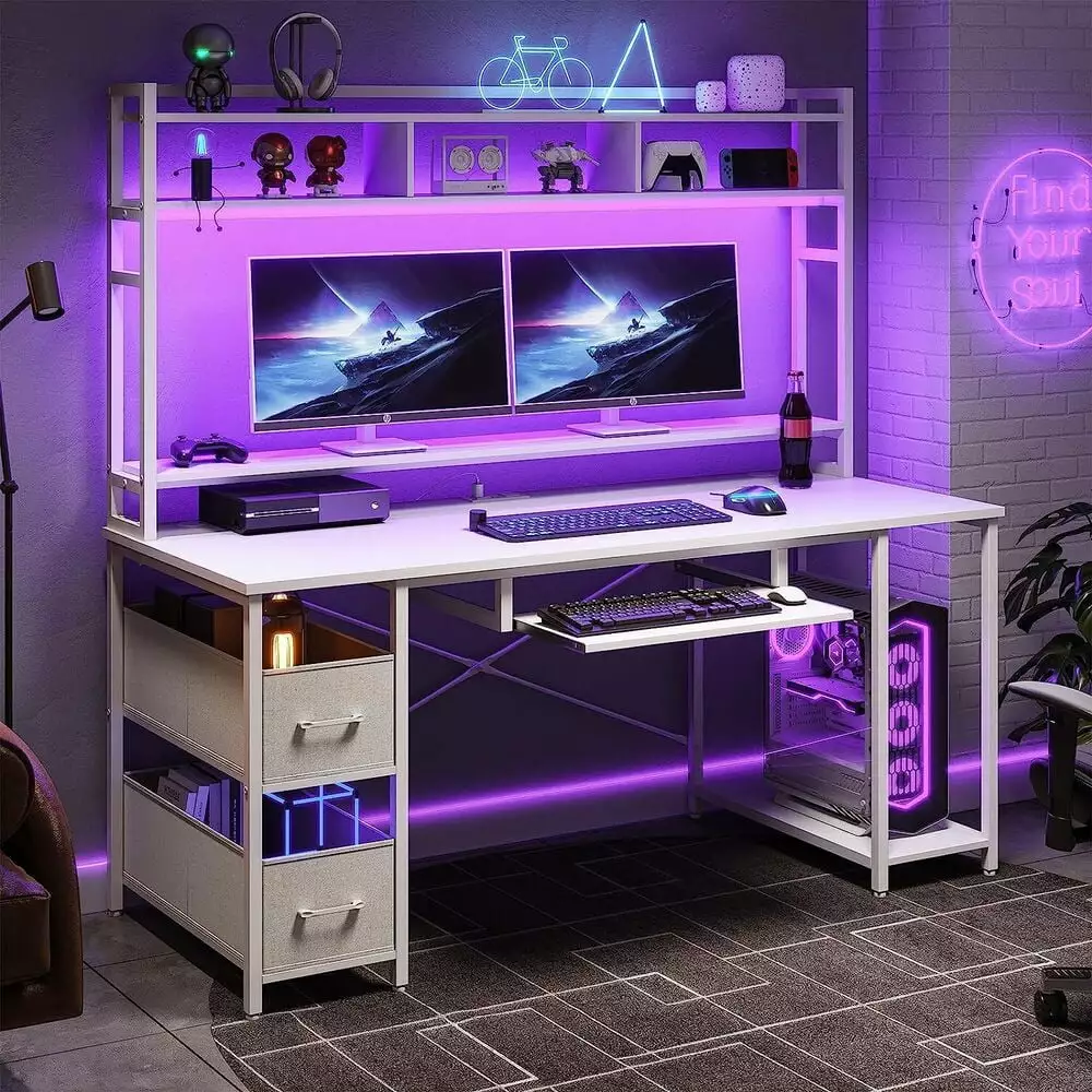 55 Inch Gaming Computer Desk LED Lights and Hutch Home Office Gamer PC Table YoyoHome