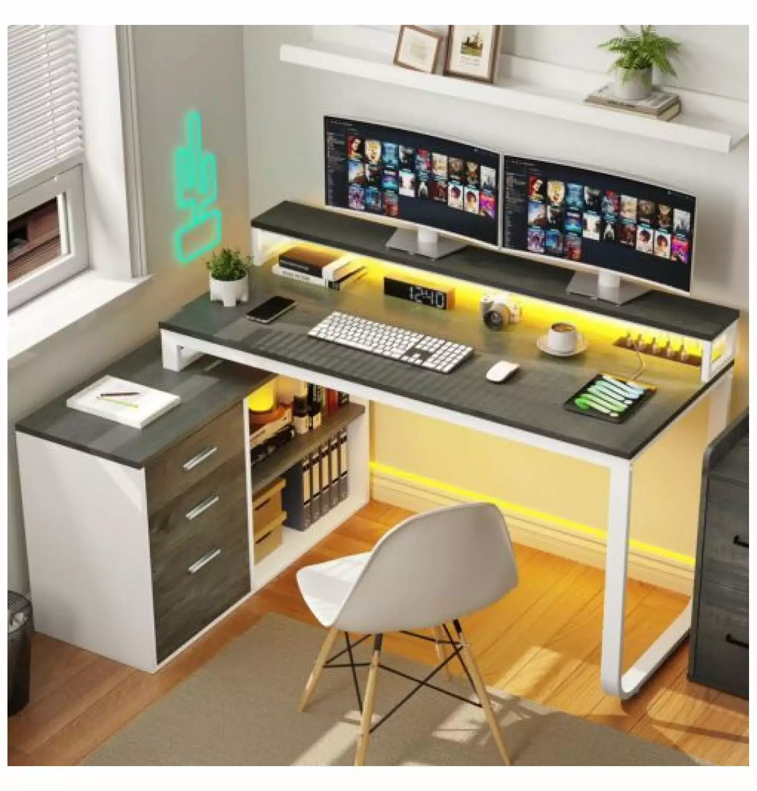 Yunhouse 55 L Shaped Gaming Desk File Drawer Power Outlets LED Computer Desk