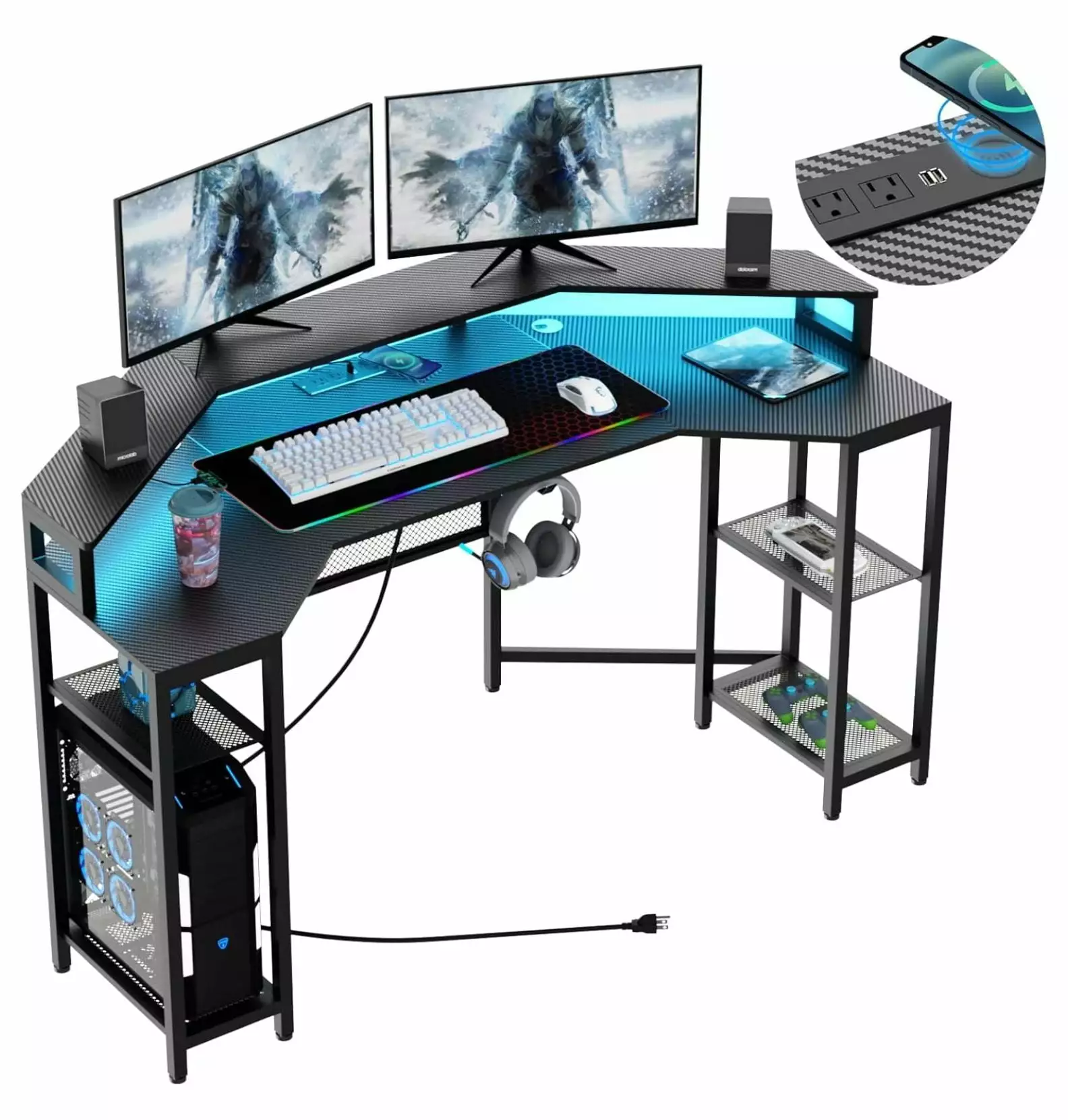 ZHOUJIA Computer Desk Power Outlet LED Light 63 Wing-Shaped Gaming Desk Wireless Charging RGB Mouse Pad