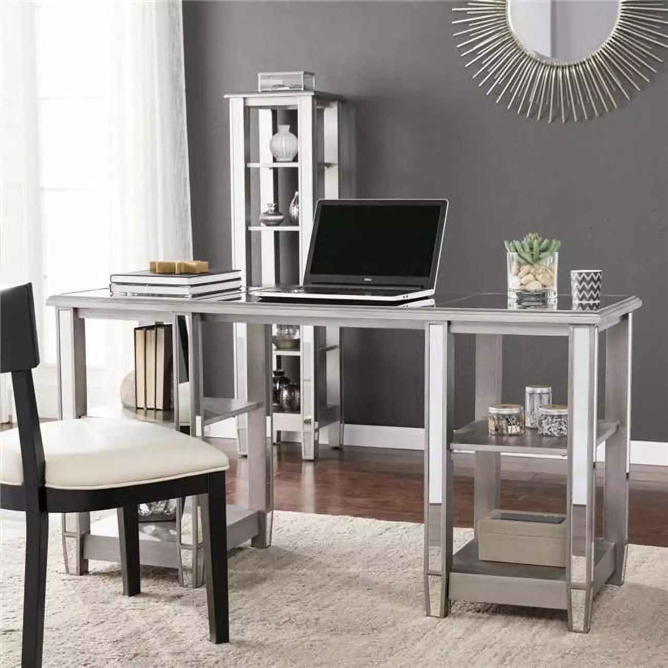 HomeRoots 402052 Matte Silver Mirrored Desk Modern Office