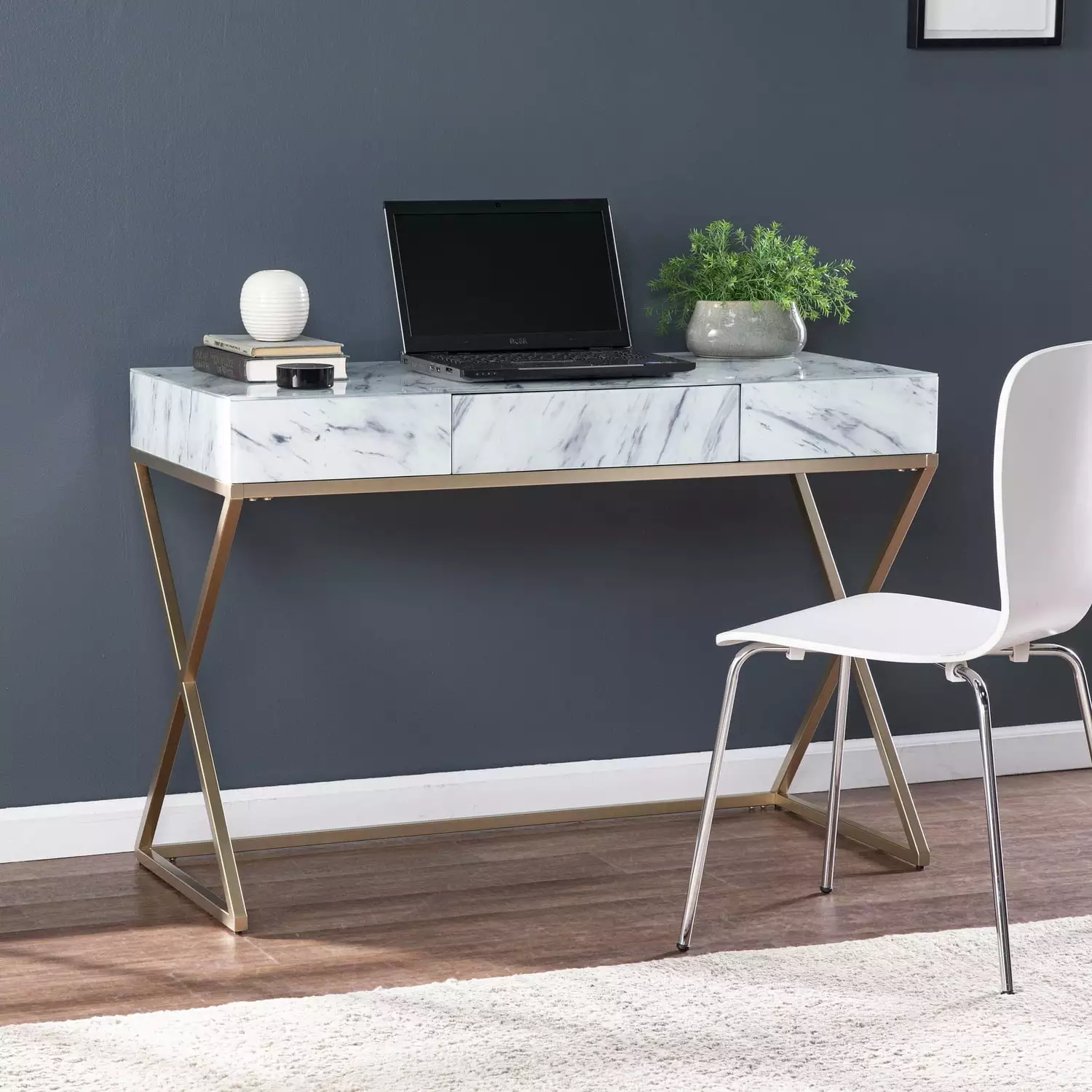 SEI Furniture Kamblemore Gold Gray White Faux Marble Writing Desk Southern Enterprises