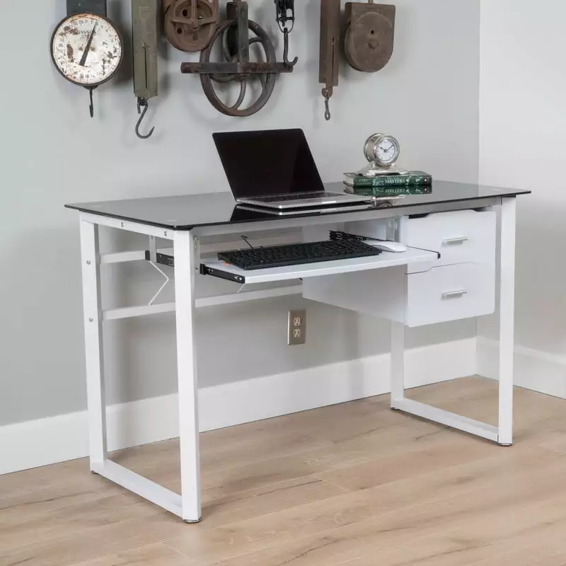 BJJAT Tempered Glass Computer Study Desk Black Glass Top