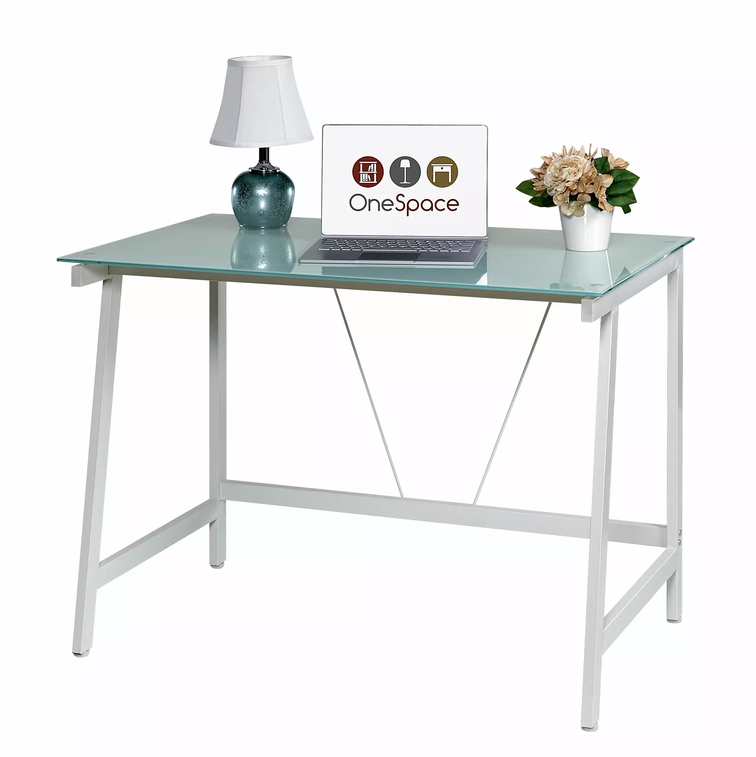 OneSpace 50-HD0107 Contemporary Glass Writing Desk Steel Frame White and Cool Blue Comfort Products