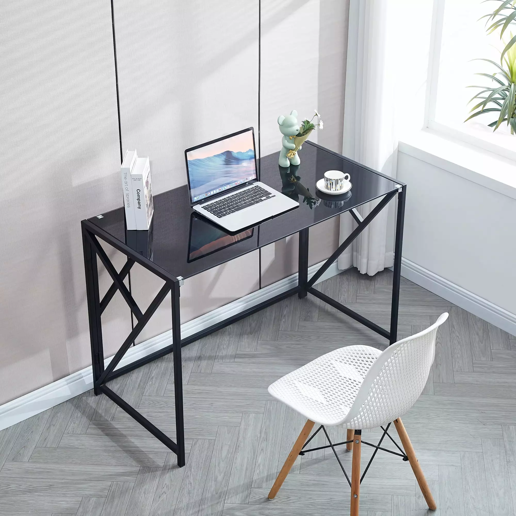 CoSoTower Tempered Black Glass Computer Desk Laptop Desk PC Laptop Table Metal Frame Writing Desk Modern Office Desk