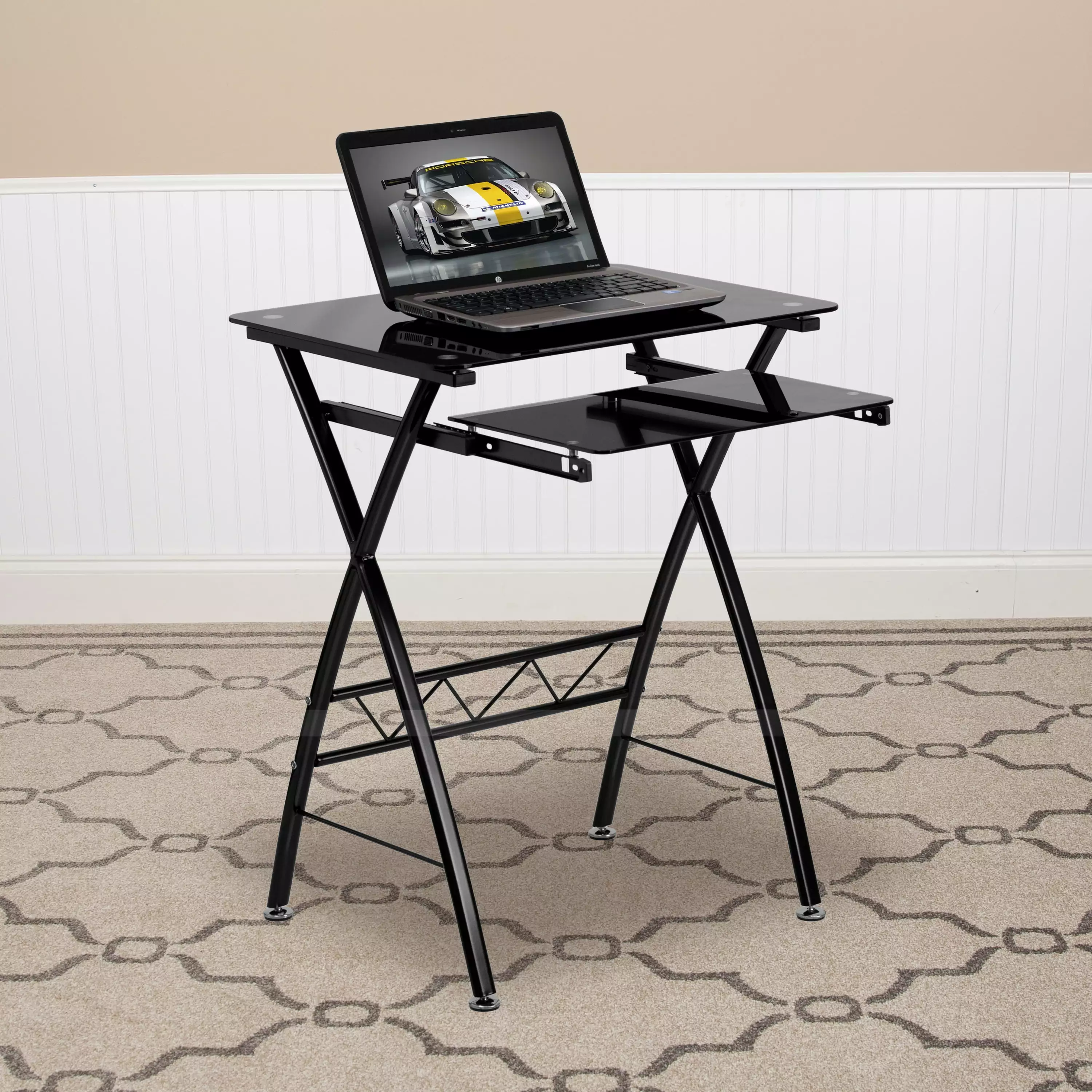 Emma + Oliver Black Tempered Glass Computer Desk Pull-Out Keyboard Tray