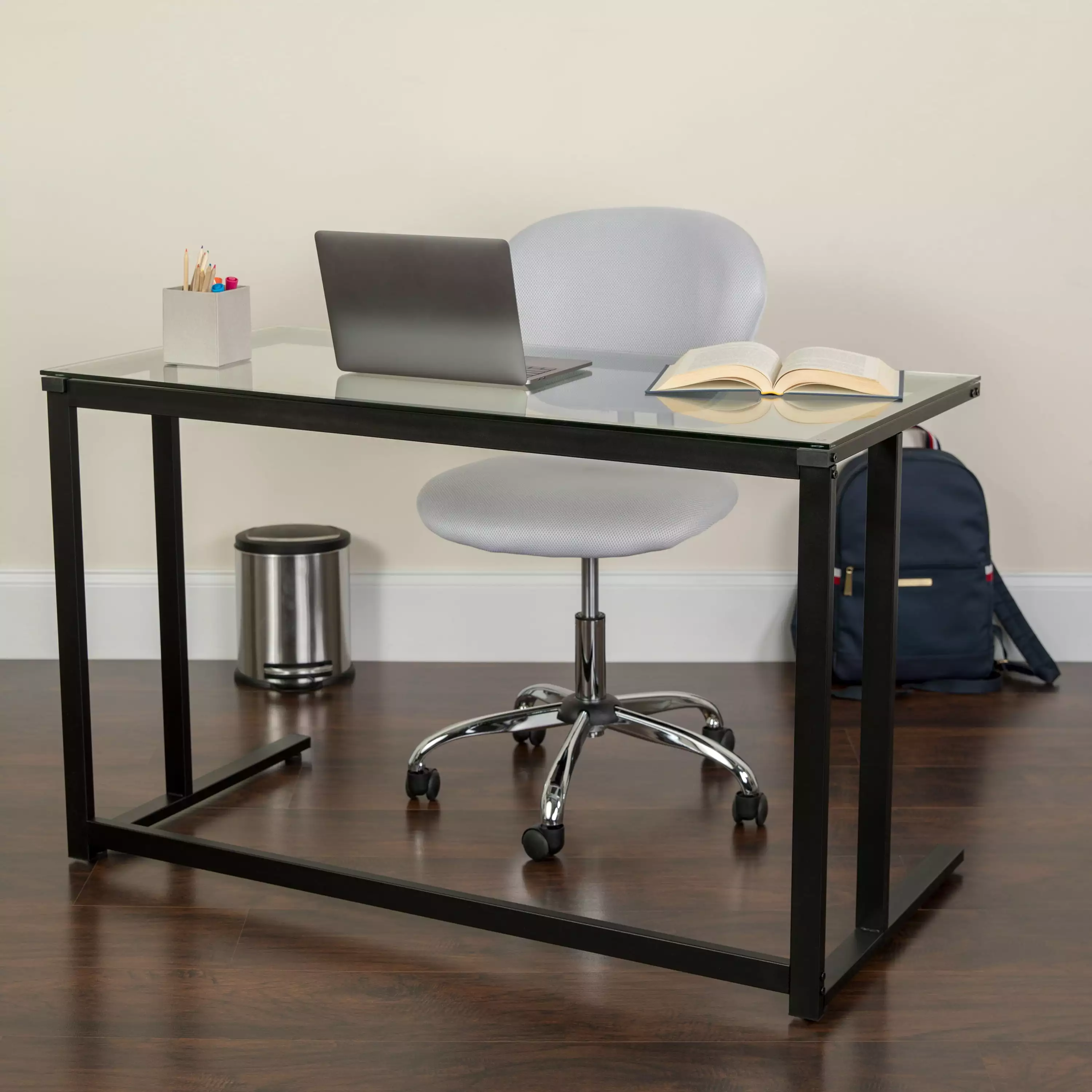 Emma + Oliver Glass Desk Black Pedestal Metal Frame