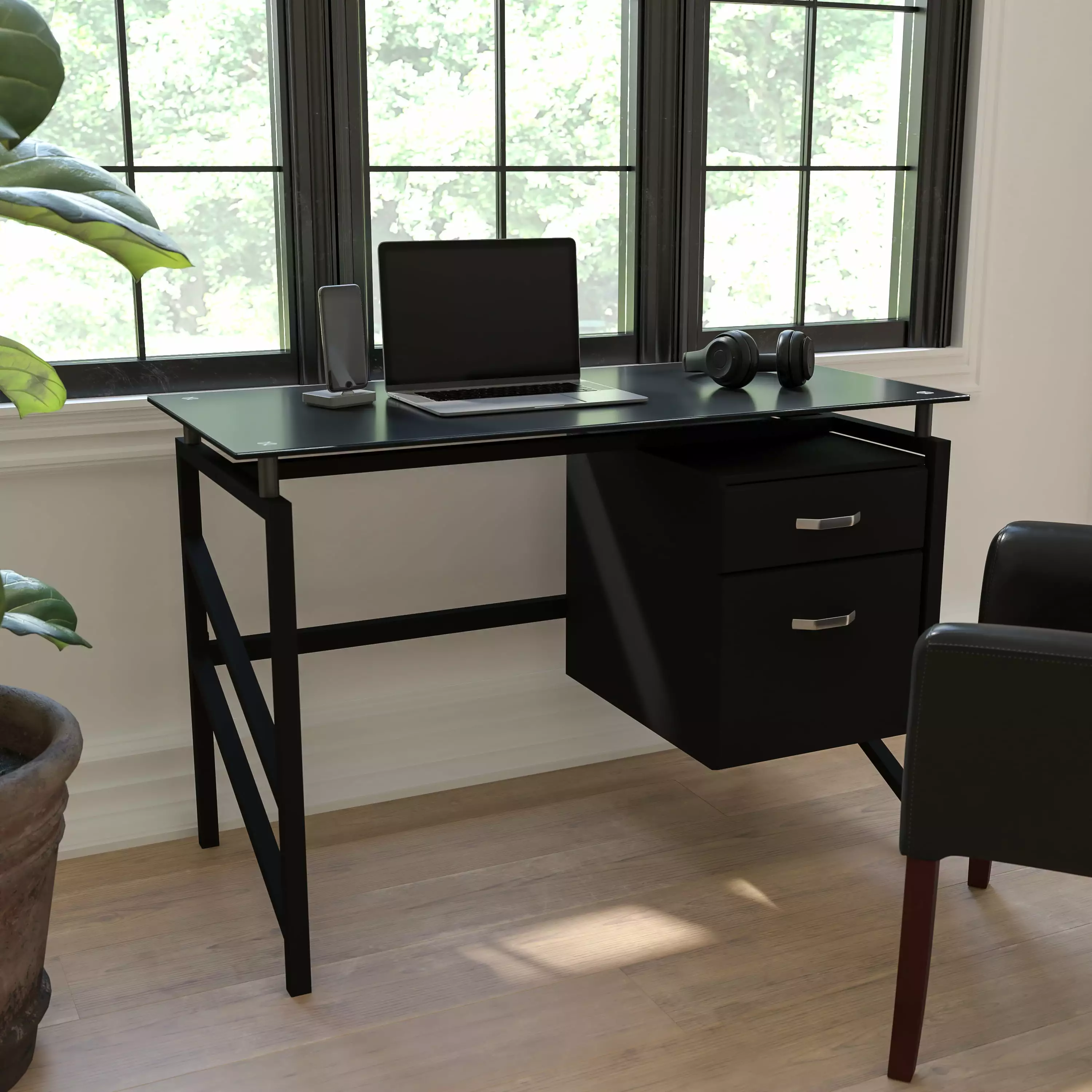 Emma + Oliver Glass Desk Two Drawer Pedestal