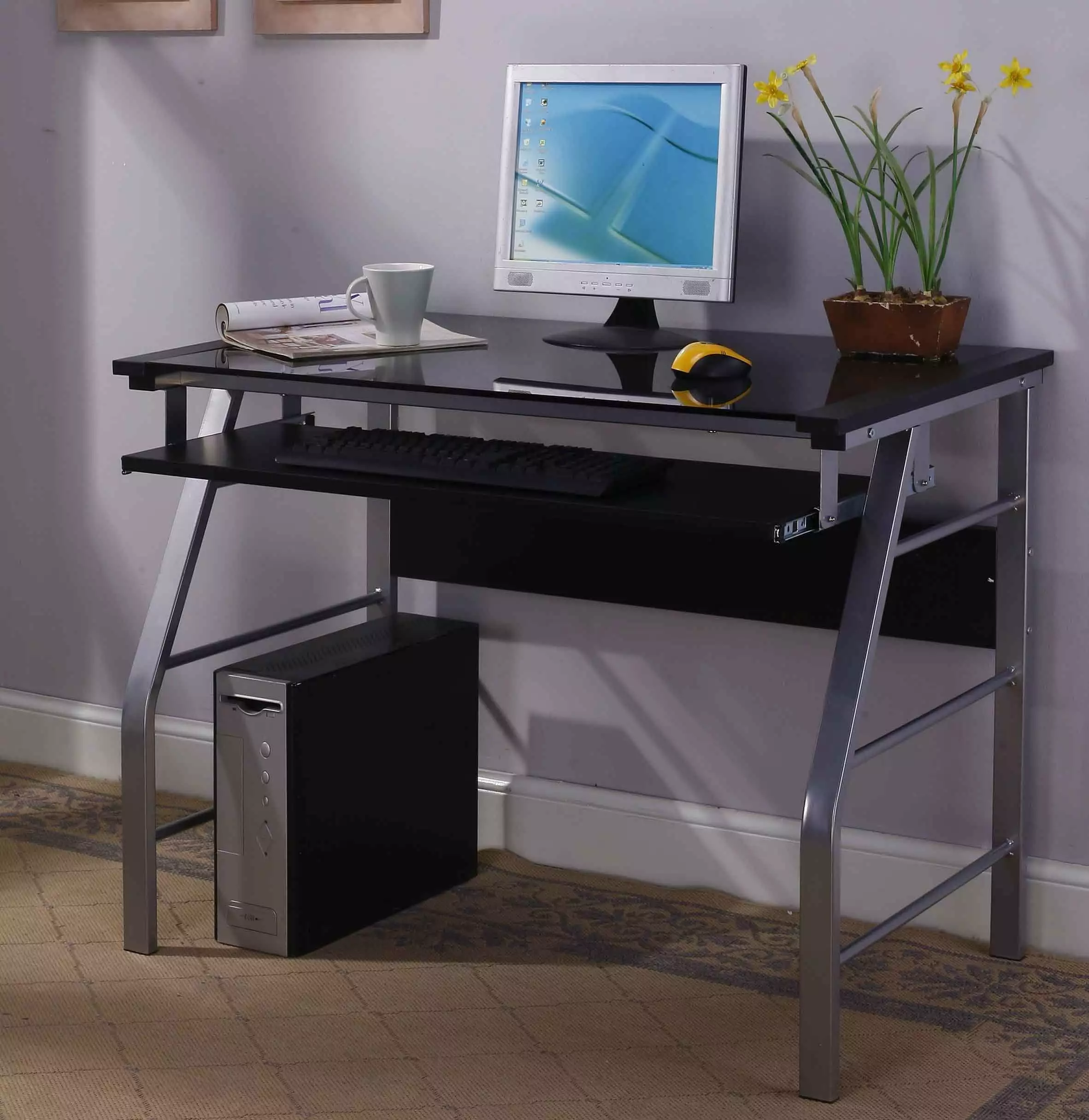 Kings Brand Furniture Home Office Computer Desk Chrome Metal Frame and Black Glass Top