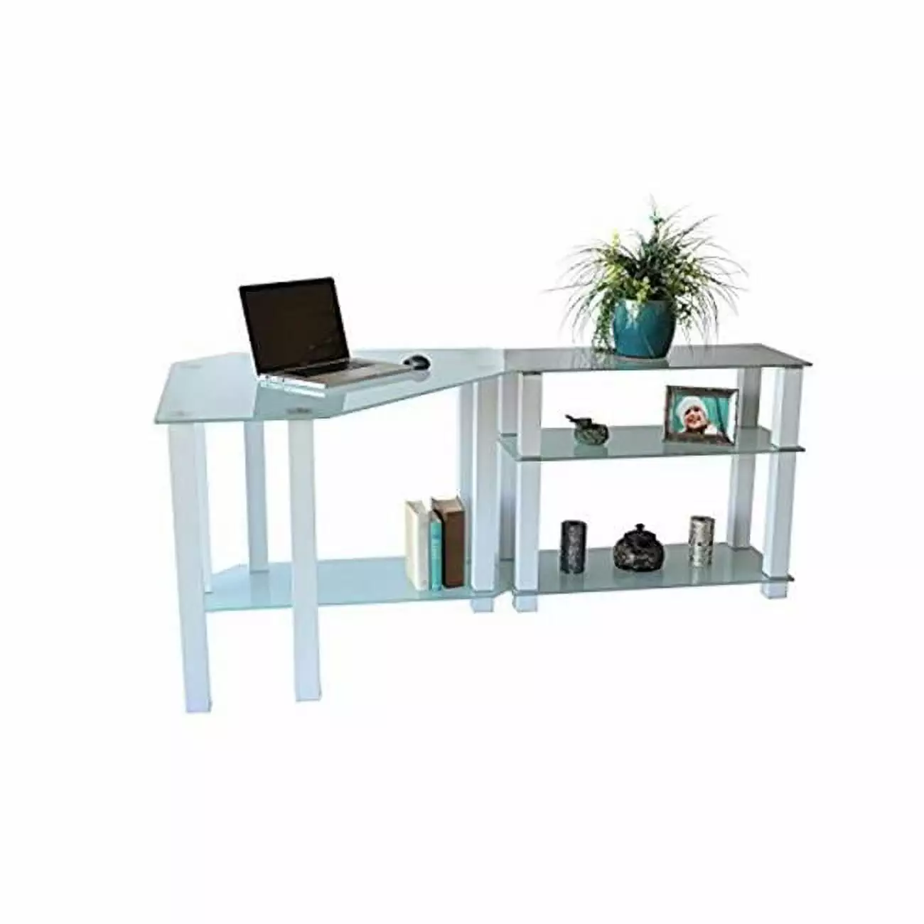 RTA Home Office Frosted Tempered Glass Gloss White Corner Computer Desk Magic Plastics