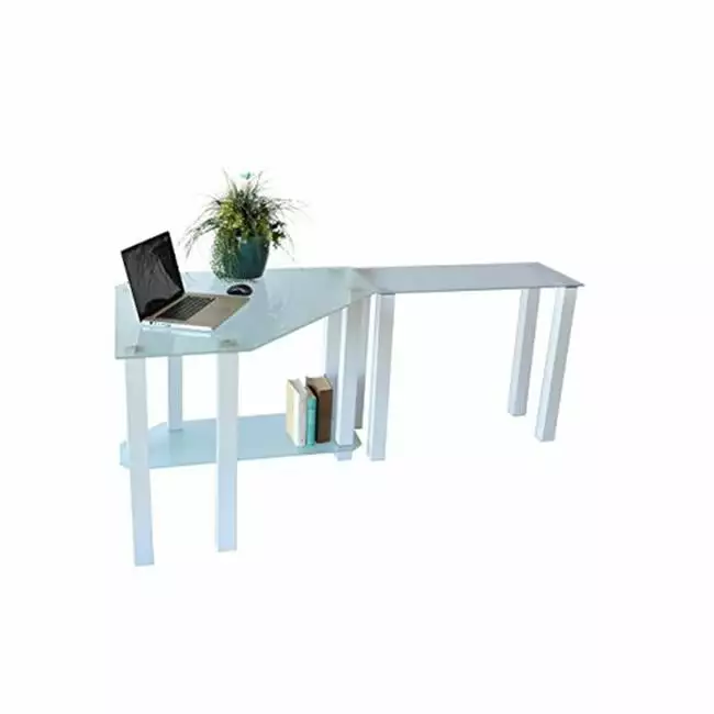 RTA Home & Office Frosted Tempered Glass Gloss White Corner Computer Desk Modular Right Extension Table Magic Plastics