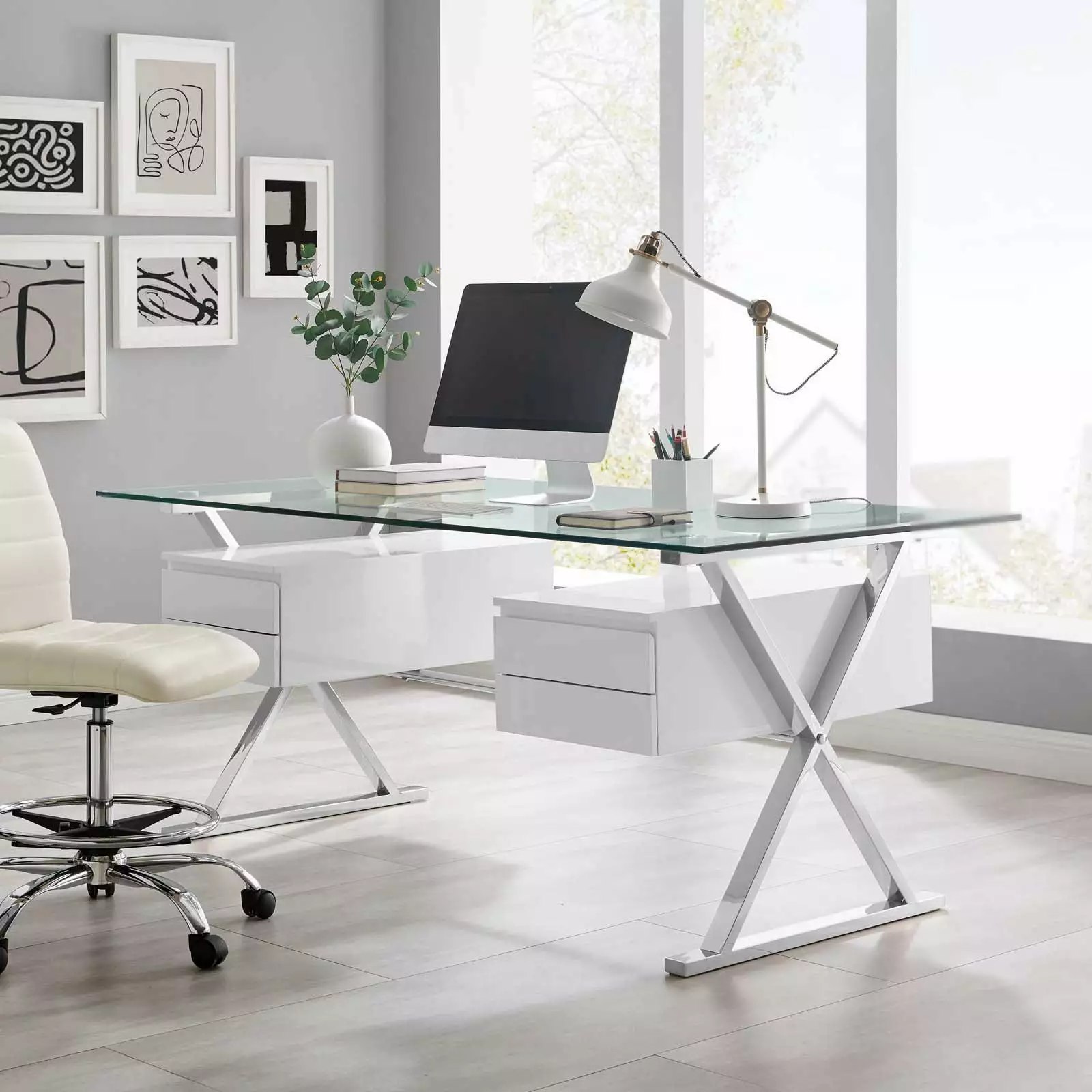 Modway Sector 71 Glass Top Glass Office Desk White - Modern Executive Desk