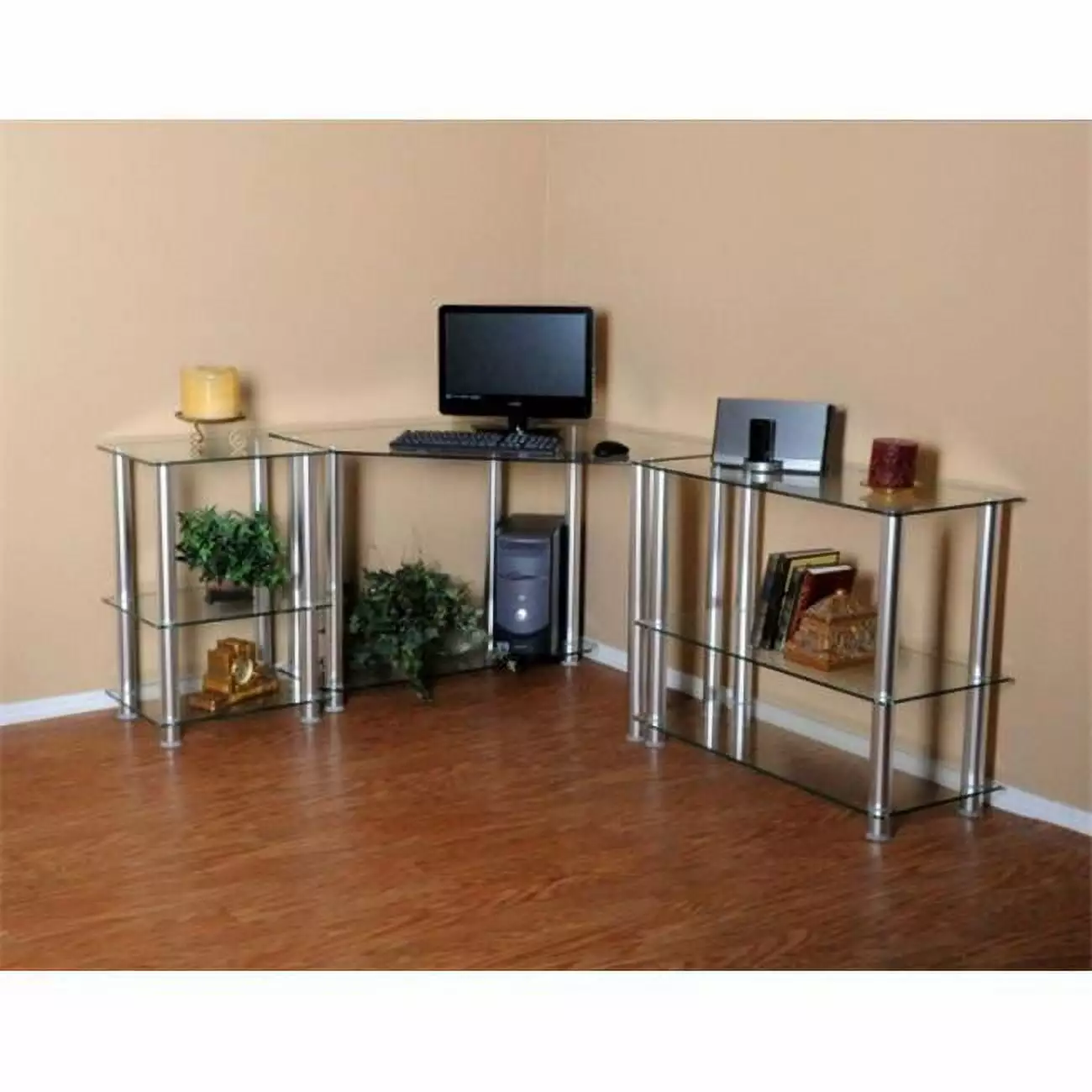 RTA Home and Office CT-013125 Clear Tempered Glass Corner Computer Desk Right Extension Table