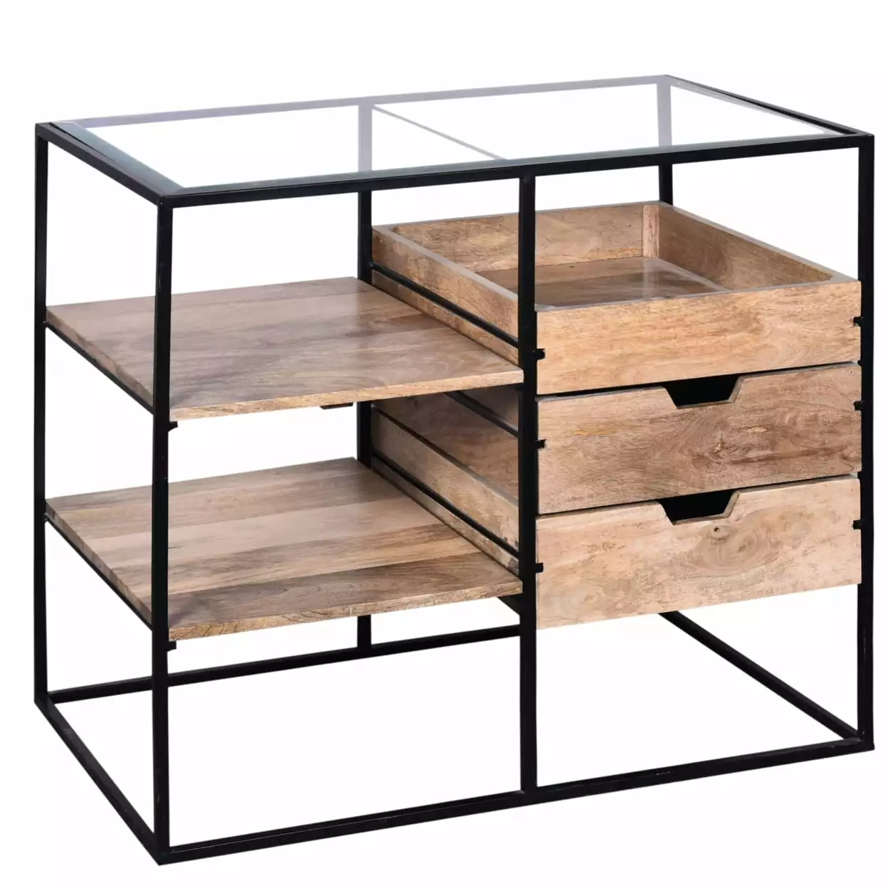 35 Inch Handcrafted Modern Glass Table 3 Drawers and Metal Frame Natural Brown Black Saltoro Sherpi