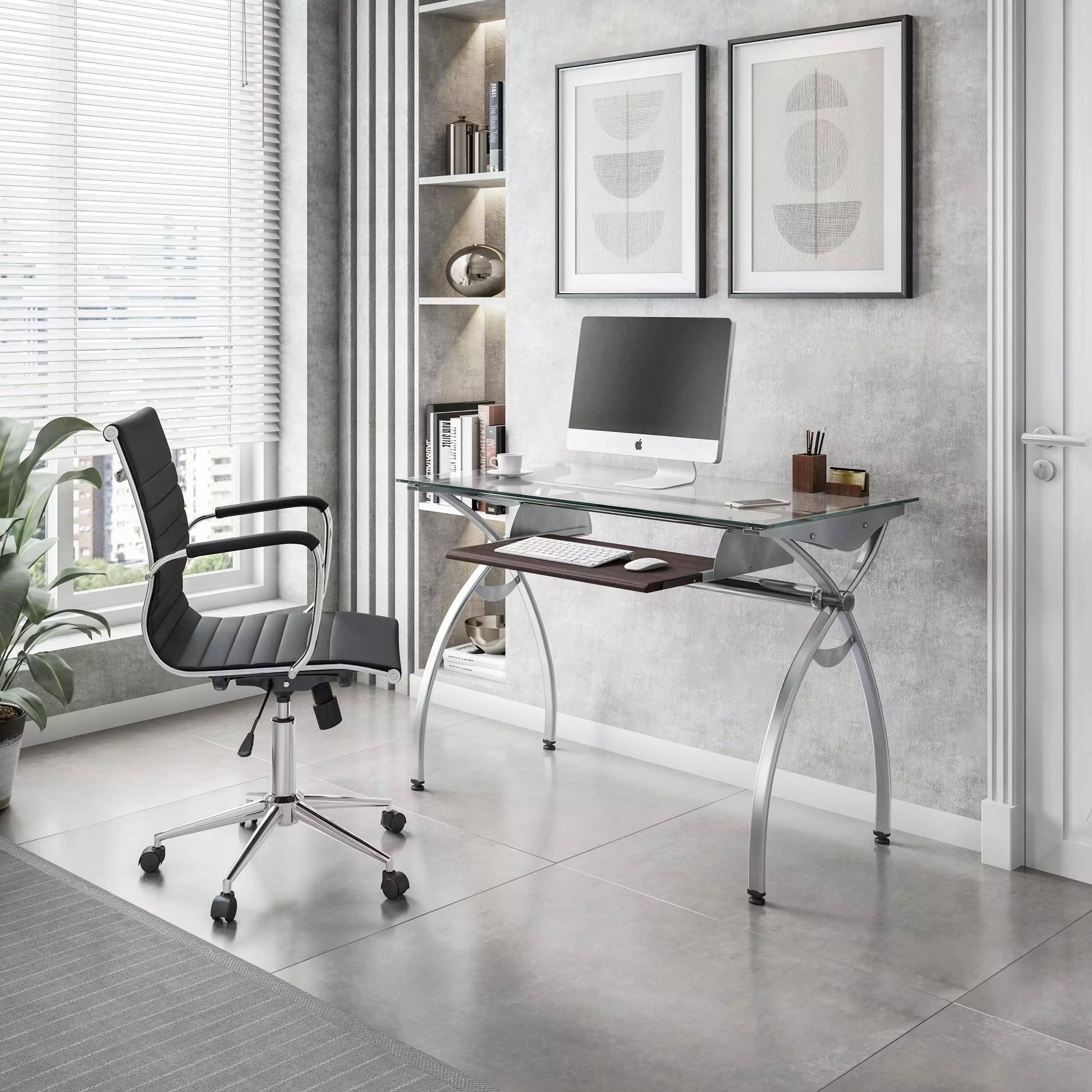 Techni Mobili Glass Top Computer Desk Keyboard Tray & Silver Legs - Modern Home Office Desk