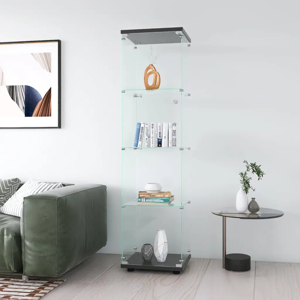 Glass Display Cabinet 4 Shelves And Doors Floor Standing Curio Bookcase fly