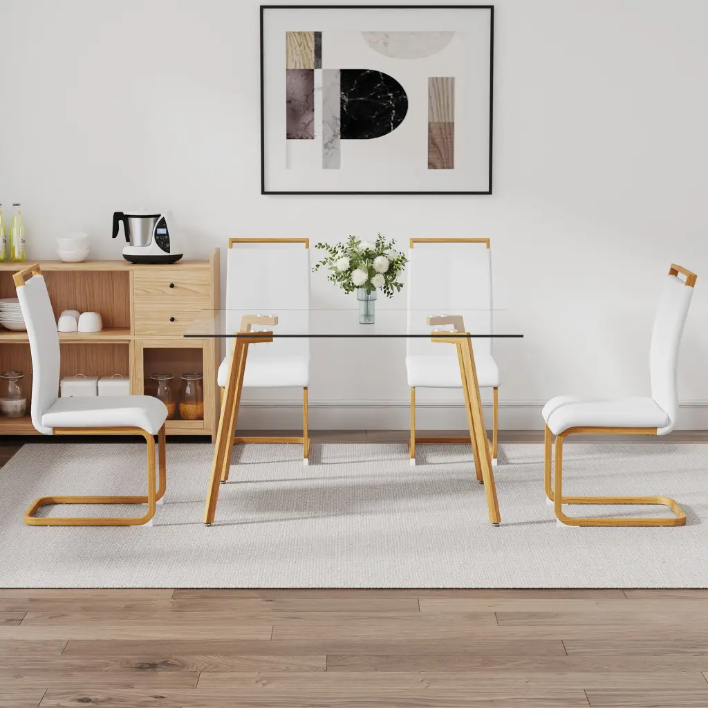 Glass Dining Table Set 1 Table And 4 White Chairs Modern Kitchen Furniture droom w-1151
