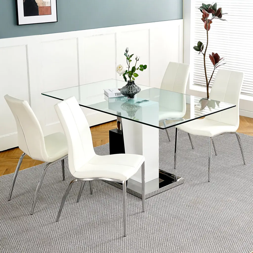 Modern Style Glass Table, PU Fabric Chair Electroplated Chair Legs youngmagic