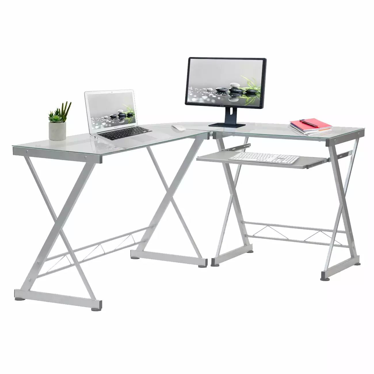 Canddidliike L Shaped Computer Corner Desk Tempered Glass Top and Pull Out Keyboard Panel White
