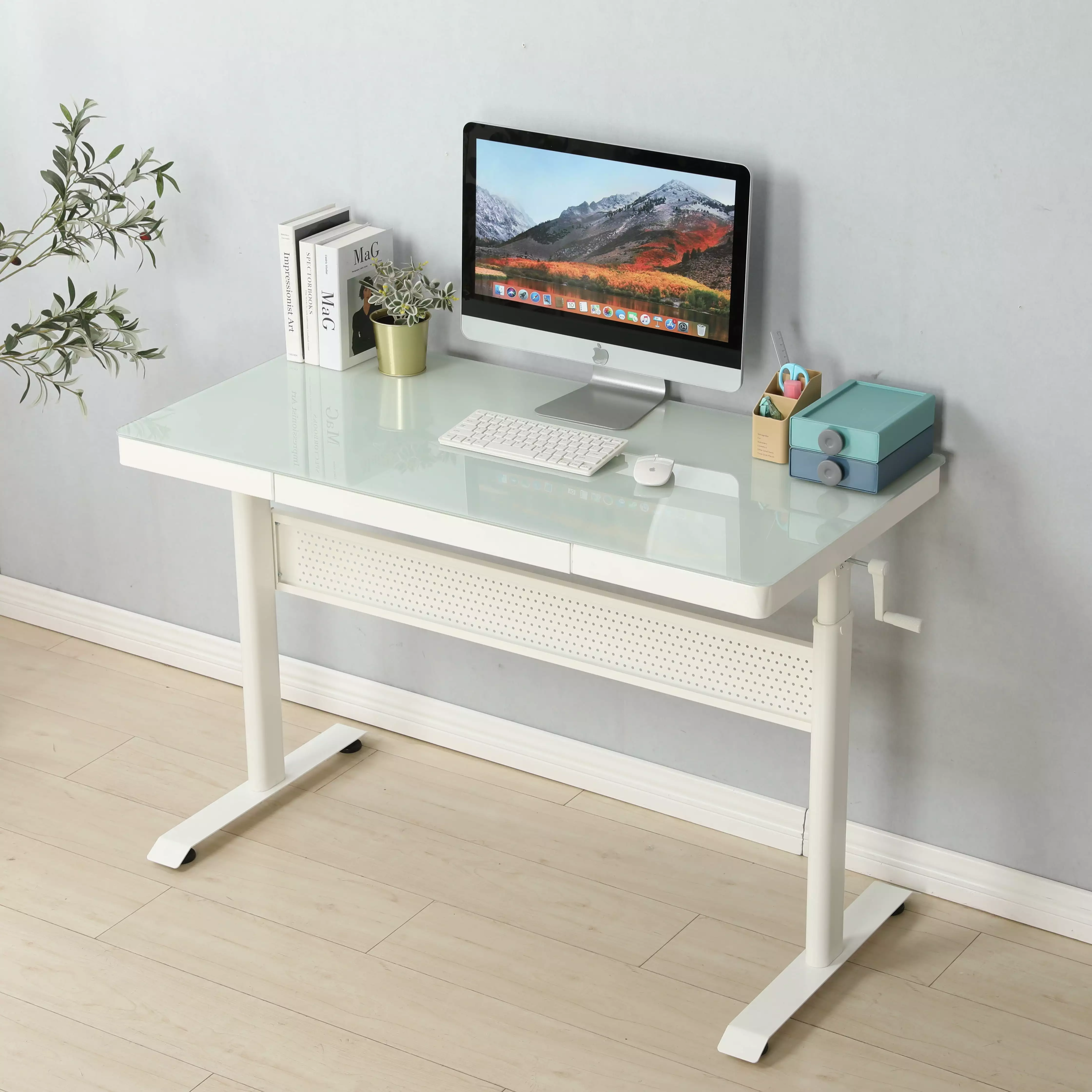 Tempered Glass Standing Desk Adjustable Height Sit Stand Home Office Desk Metal Drawer Light Green Cofuo