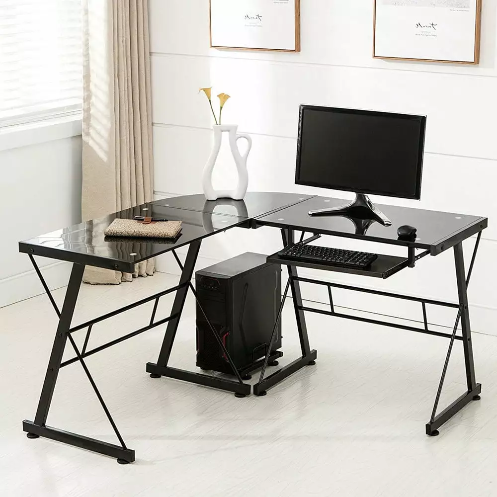 SalonMore L-Shaped Computer Desk Glass Top Writing Table Workstation Corner Desk Black FCH