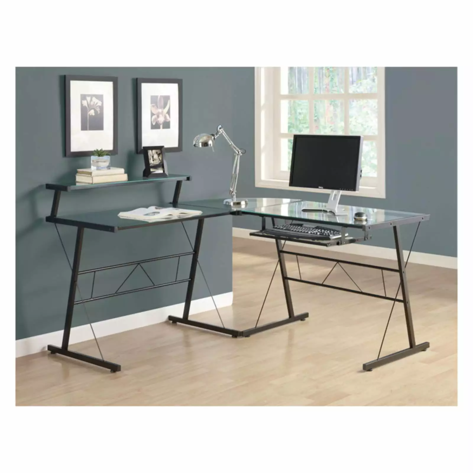 Monarch Specialties Computer Desk Home Office Corner L Shape Work Laptop Black Tempered Glass