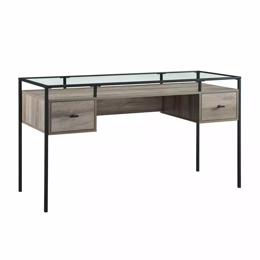 Fulton 56 2-Drawer Lifted Tempered Glass Top Desk Gray Wash Modern Office Walker Edison