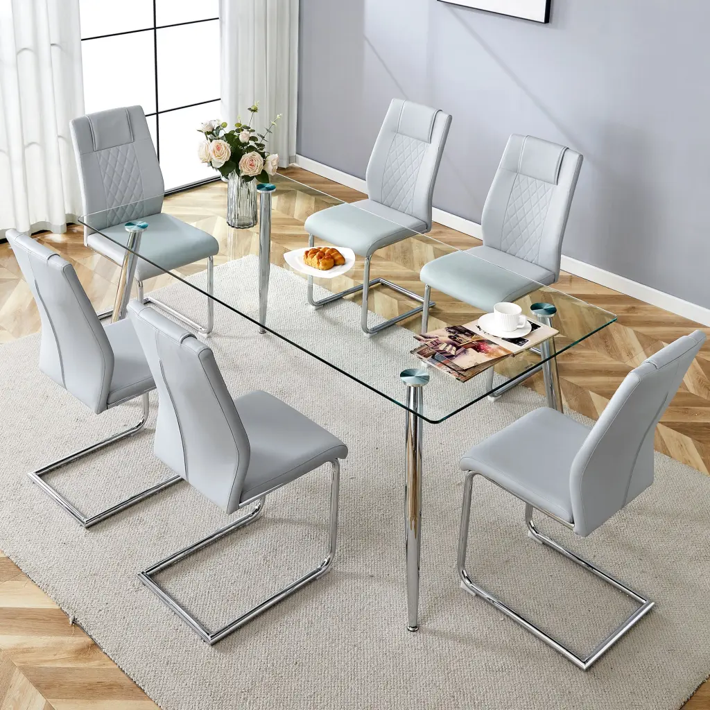 Modern Rectangular Glass Dining Table Tempered Glass Top And Chair Set droom w-1151