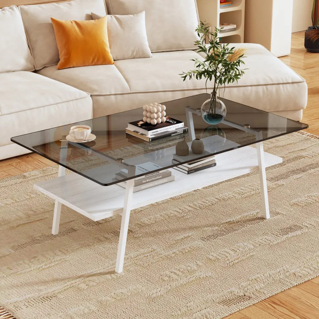 Rectangle Coffee Table Tempered Glass Tabletop and White Metal Legs jws-w241