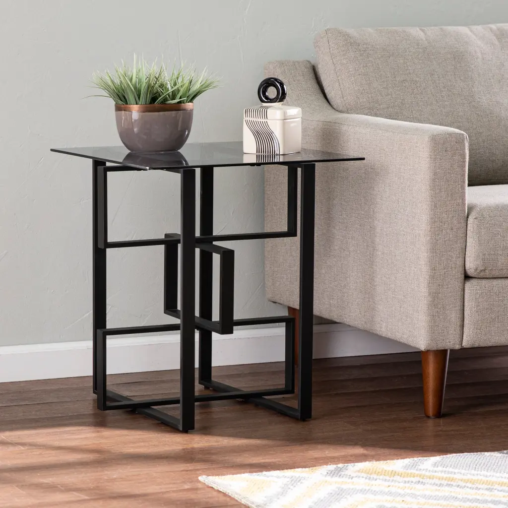 Clanlin Glass Top Accent Table - Black Iron End Table Living Room sei
