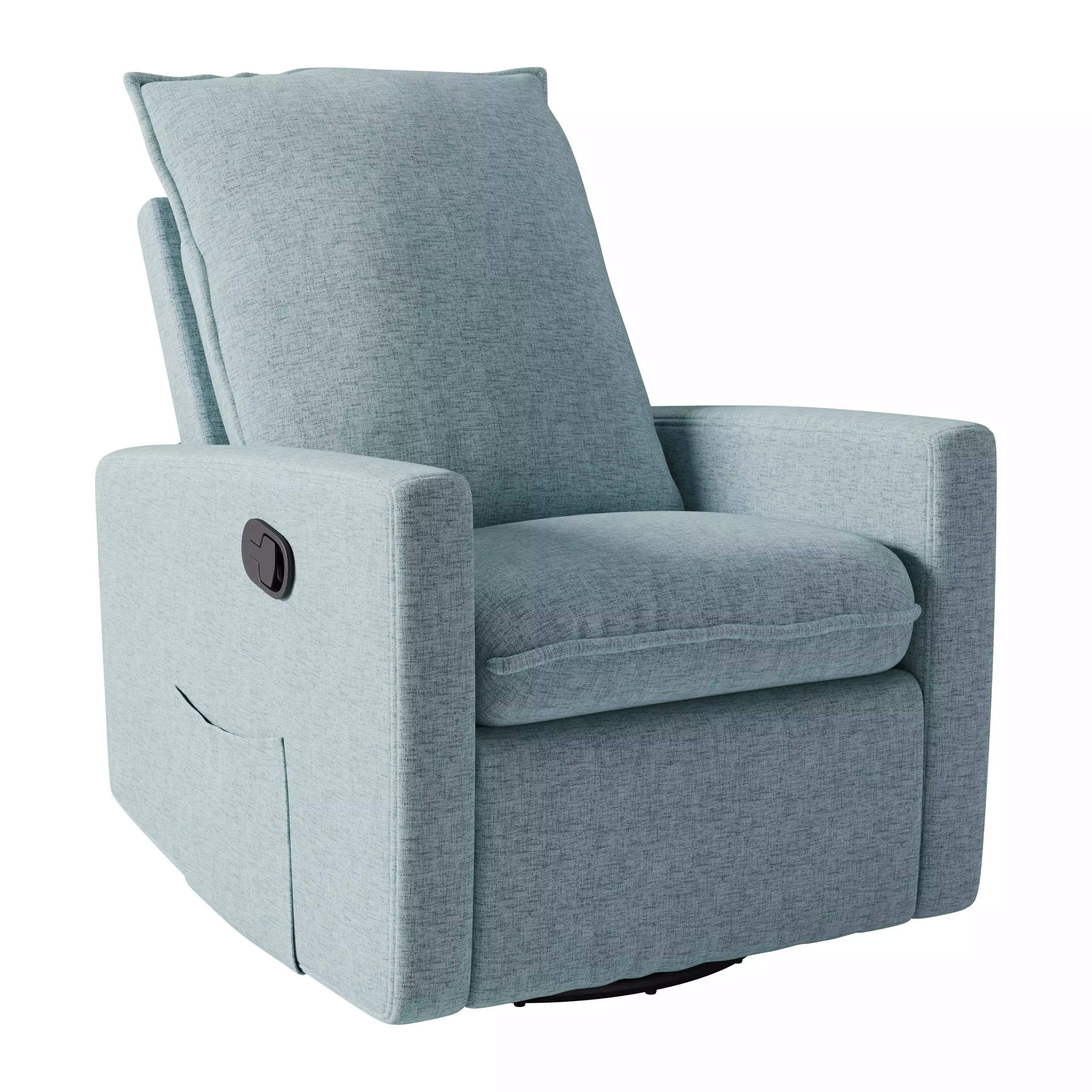 Kris Alley Evelyn Blue Textured Fabric Upholstered Plush Glider Swivel Manual Recliner Side Pocket Kris & Alley