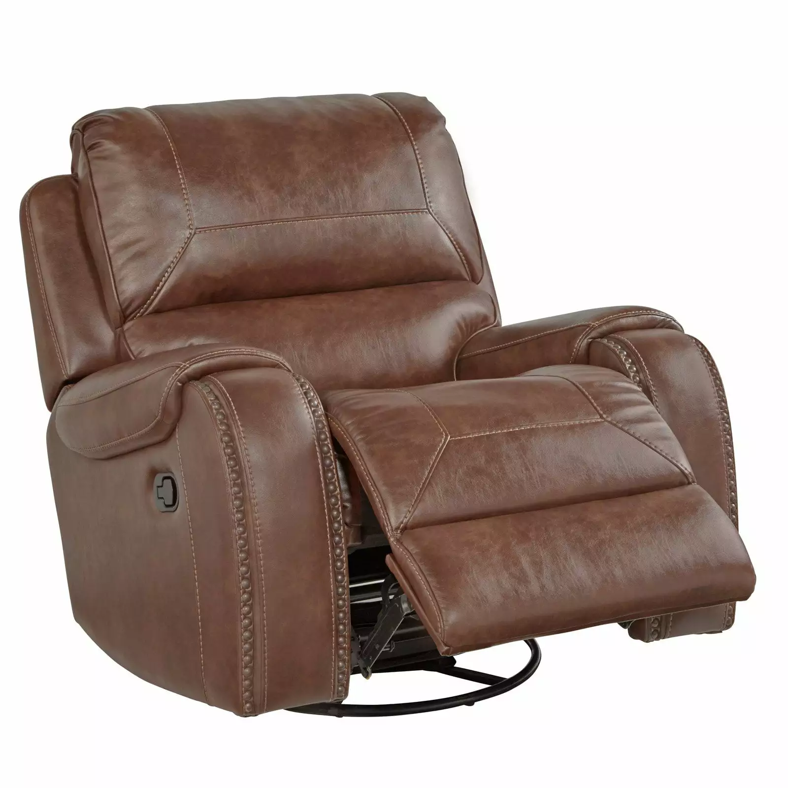 Roundhill Furniture Achern Brown Leather Nailhead Swivel Glider Recliner