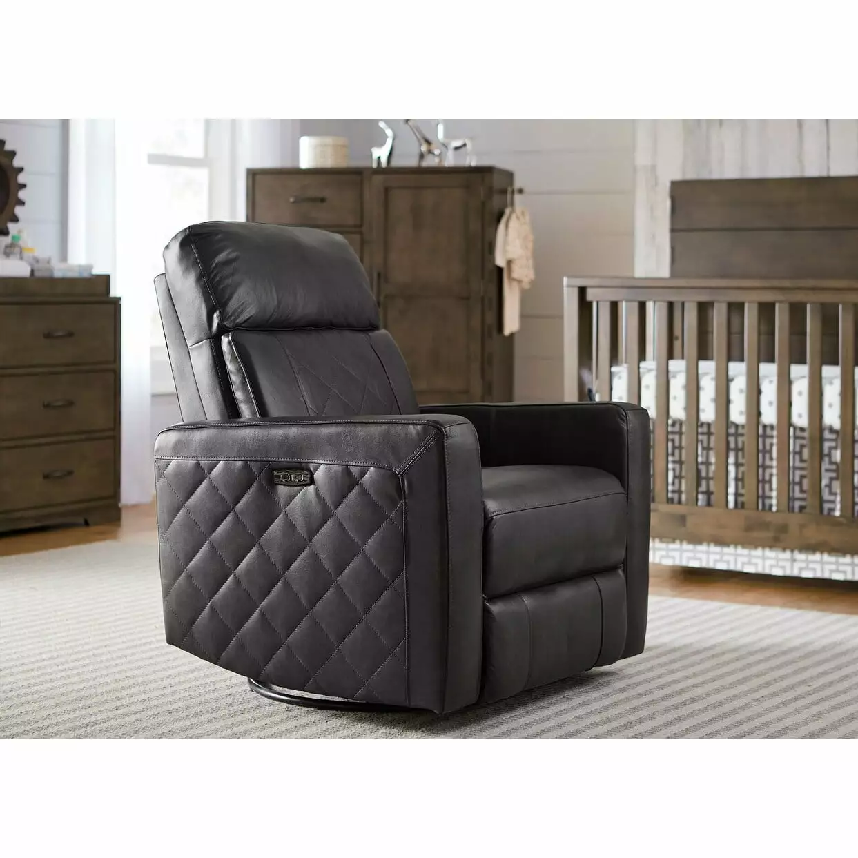 Westwood Design Soho Wood Leather Power USB Glider Recliner Oxford Gray